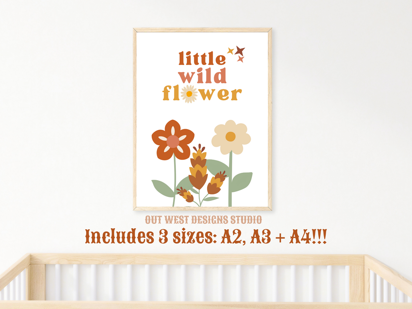 Little Wildflower print in pink, orange + yellow | Kids bedroom poster art | boho wild flower digital print babies nursery decor girls room