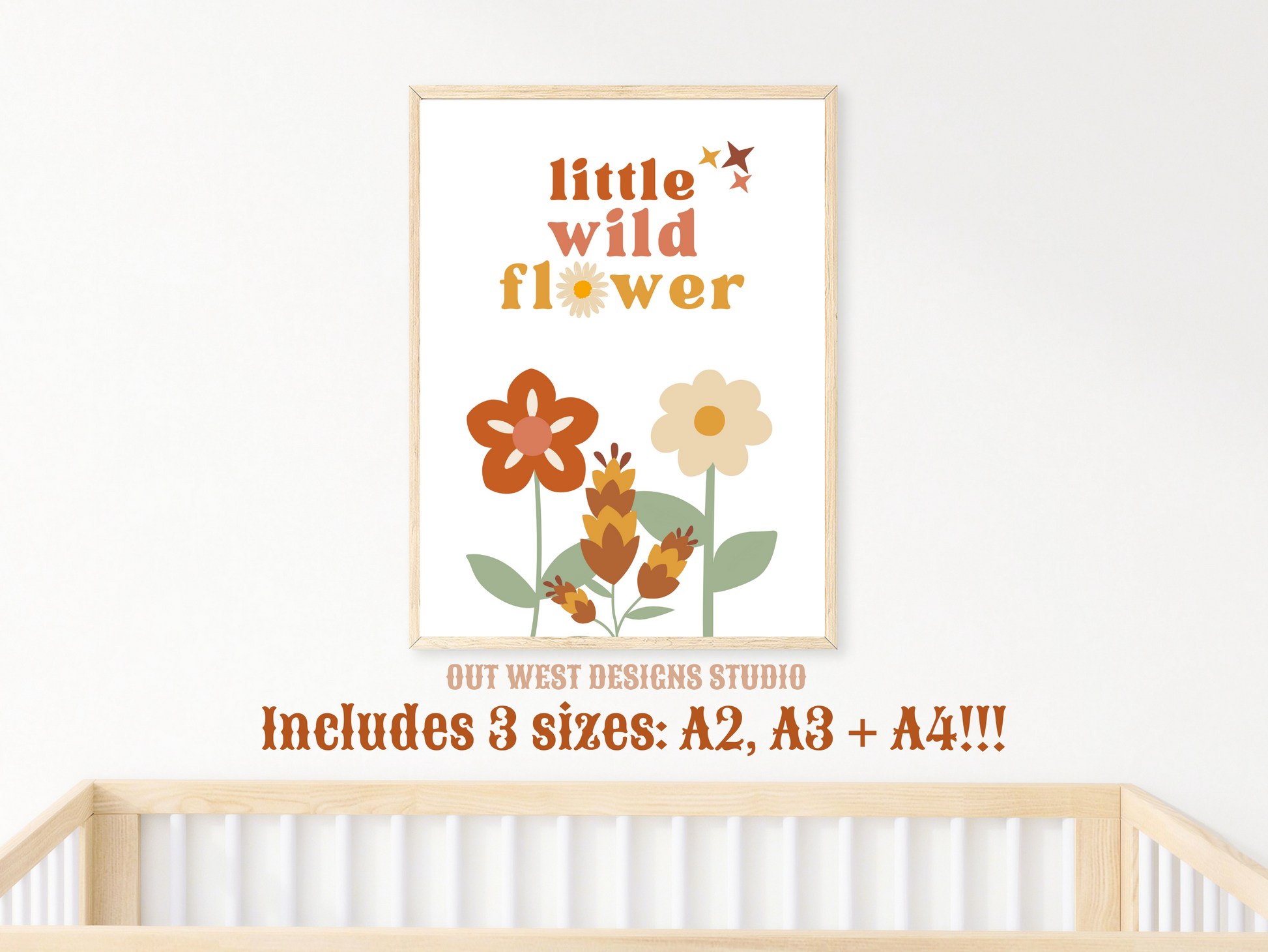 Little Wildflower print in pink, orange + yellow | Kids bedroom poster art | boho wild flower digital print babies nursery decor girls room