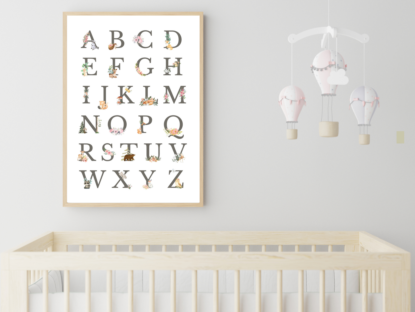 Alphabet Woodlands animals Poster Printable Wall Art GREY FONT | ABC Alphabet Print Kids | Boho + country Nursery Decor Playroom picture