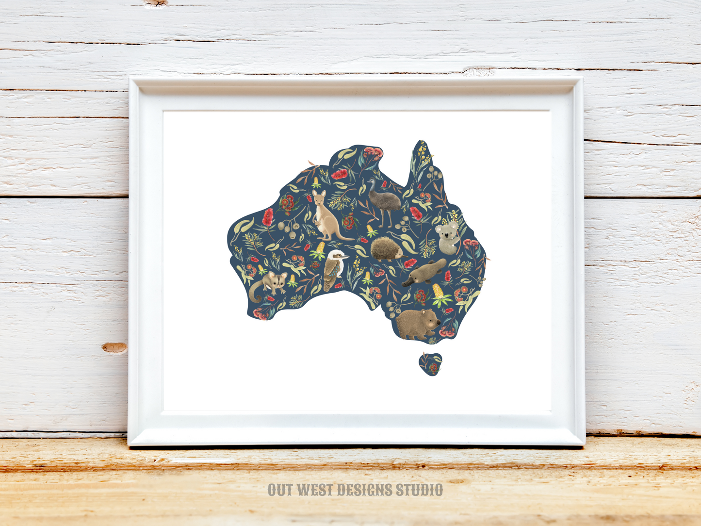 Australian animal map for Nursery print - baby toddler girls + boys home wall decor - kids bedroom- Koala, kangaroo, emu, possum, blossoms