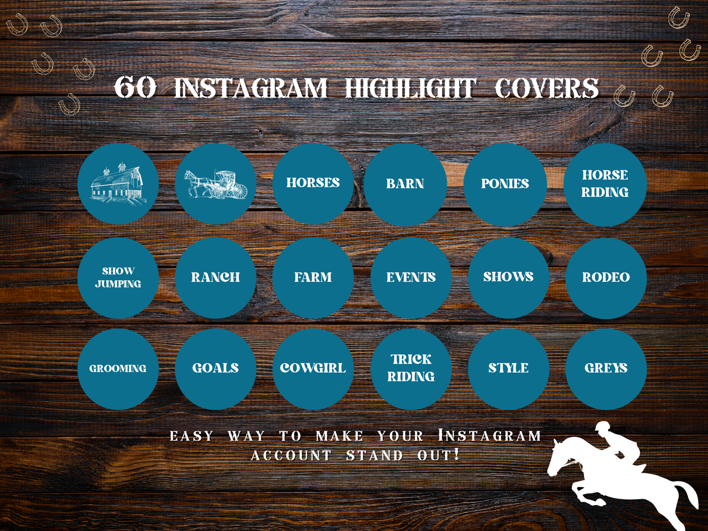 Equestrian horse riding Instagram highlight covers + story backgrounds - show jumping, pony, dressage, rodeo cowgirl blue IG icons