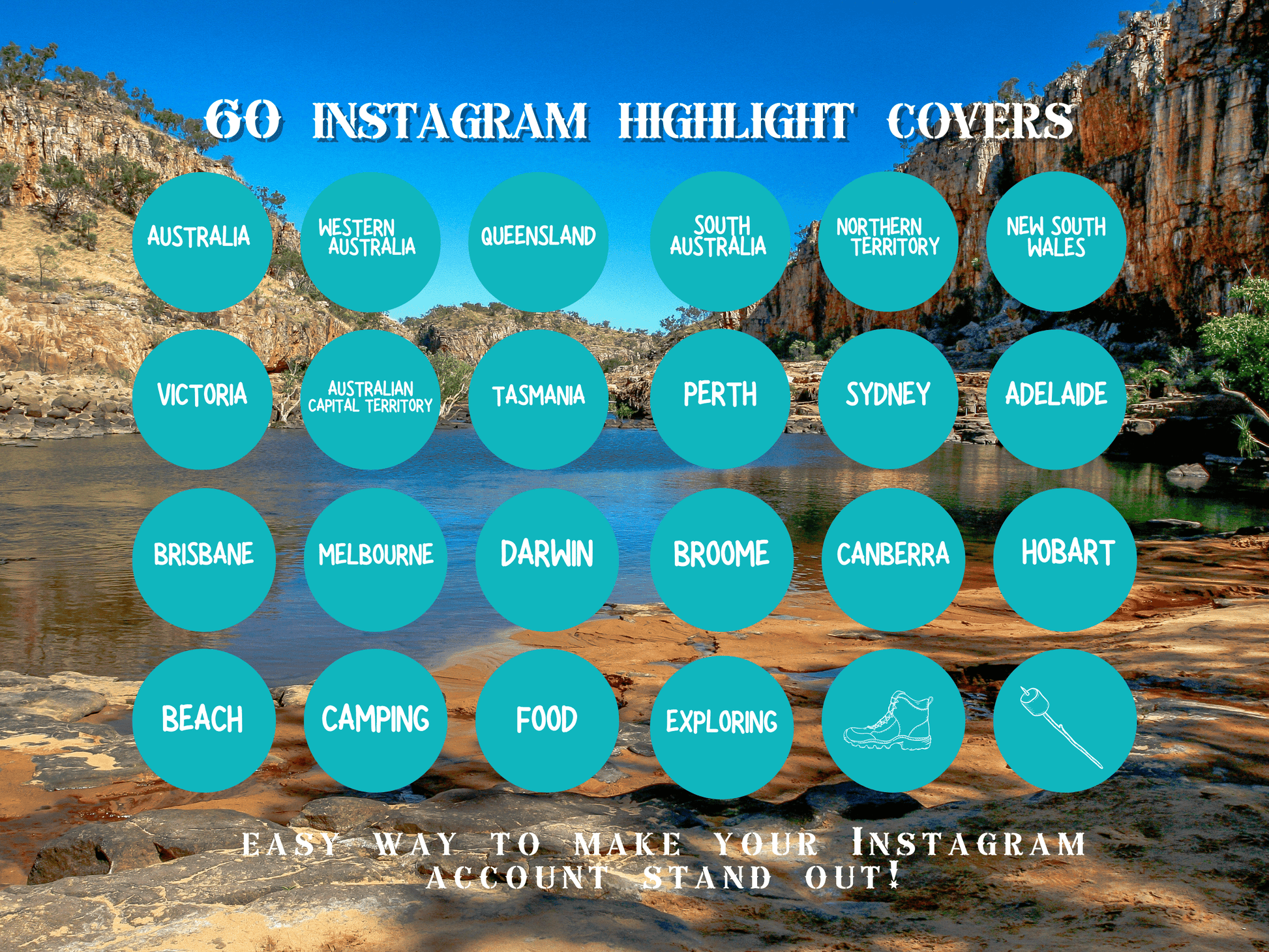 Australian travel boho Instagram highlight covers + story backgrounds - Outback Aqua color Australian wanderlust IG icons