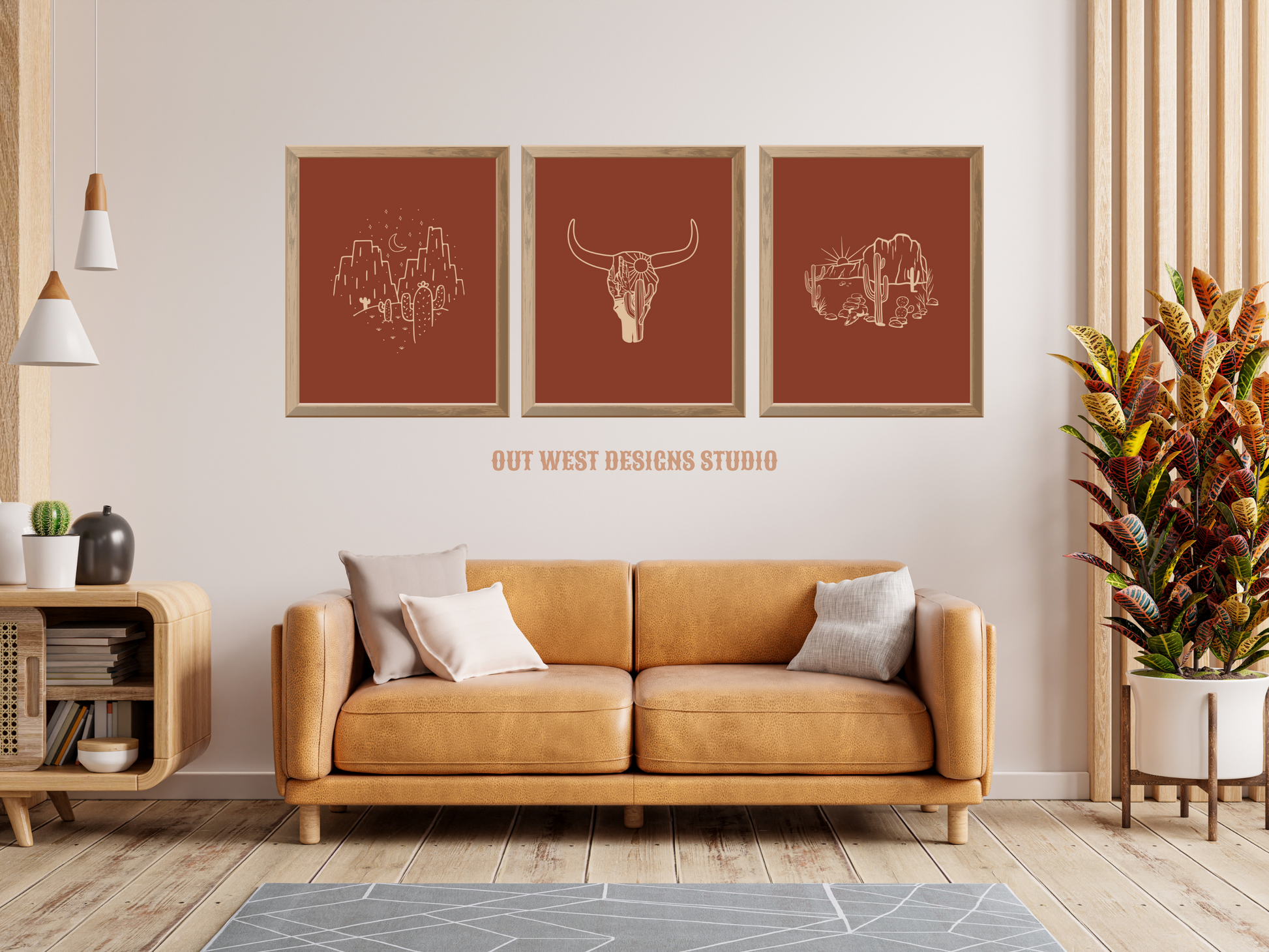 Printable Cowgirl Desert set of 3 prints in rust + cream color - Western home decor - Poster wall art long horn, cactus, south western!