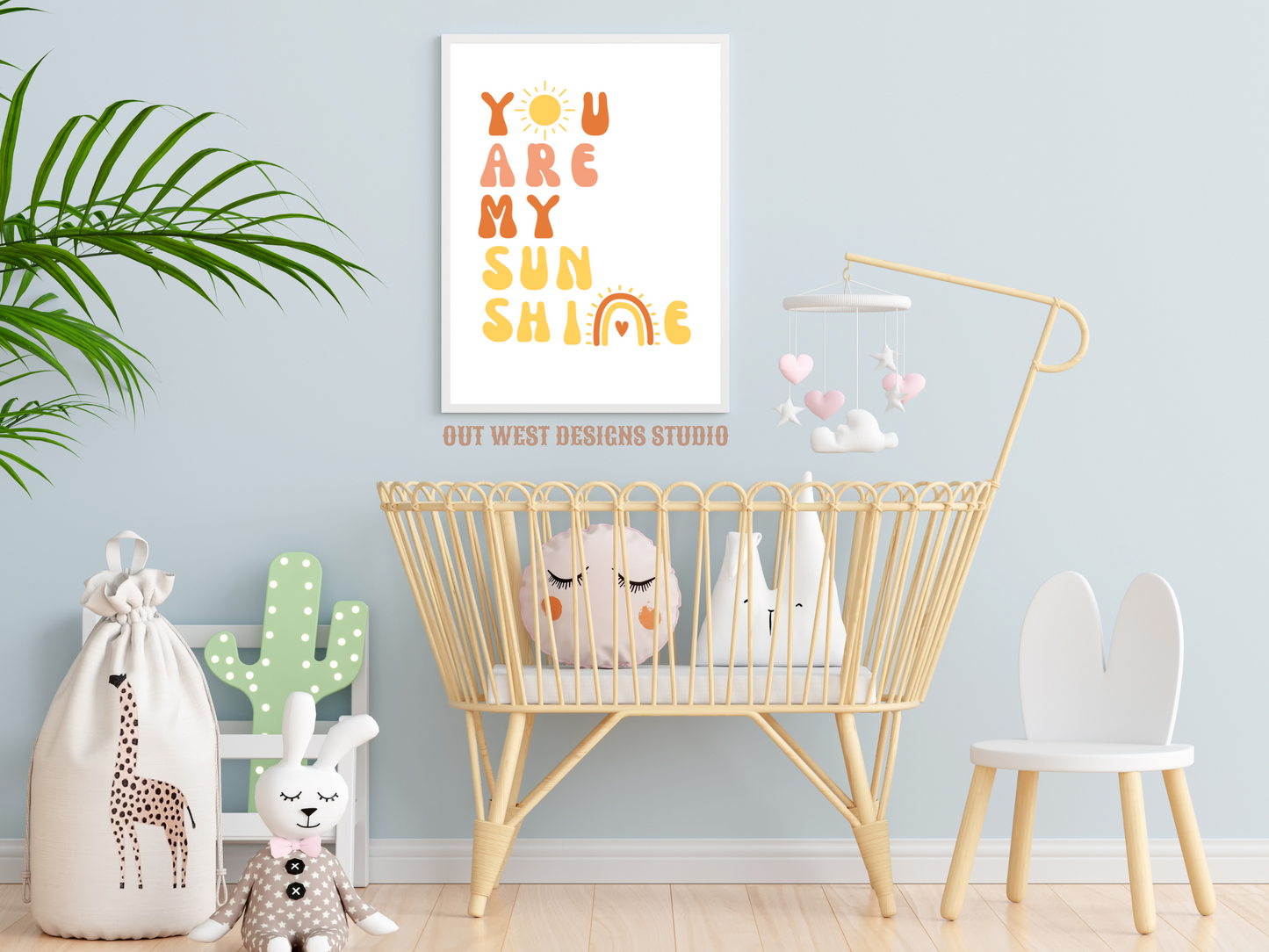 You are my sunshine nursery print in pink, orange + yellow | Kids bedroom poster art | boho babies nursery decor girls + boys room