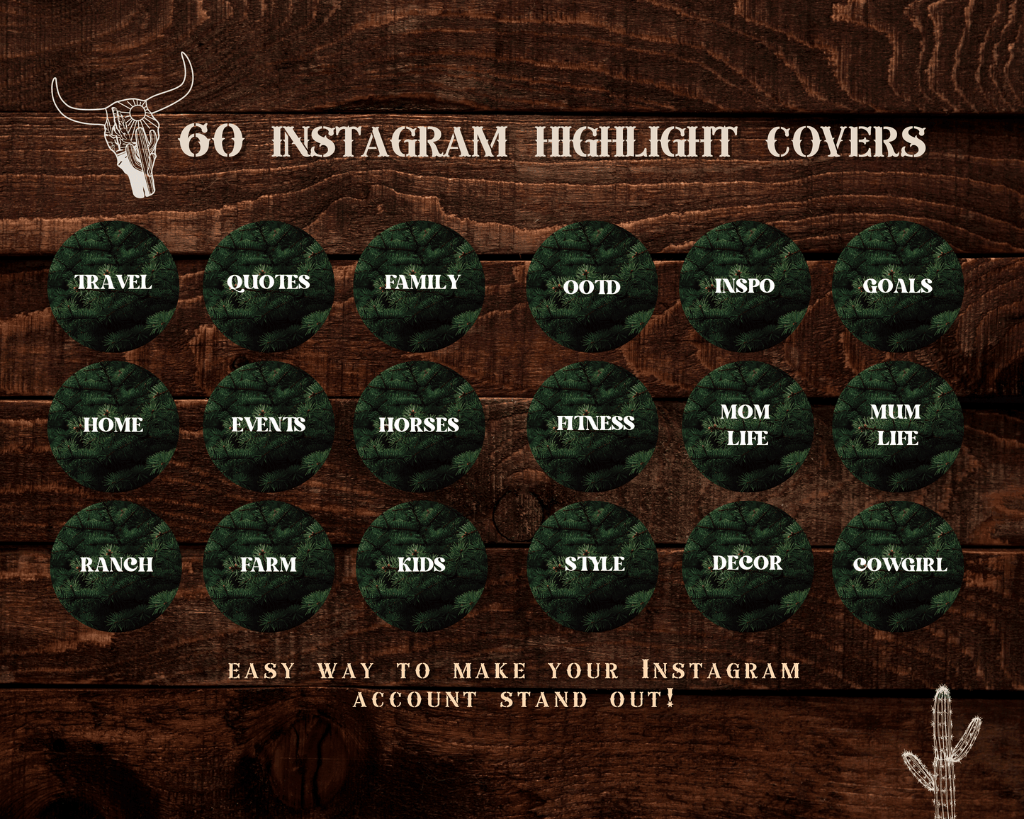 Wild West Cowgirl Instagram highlight covers + story backgrounds - Pines green, tan, cream + white western rodeo IG icons for social media