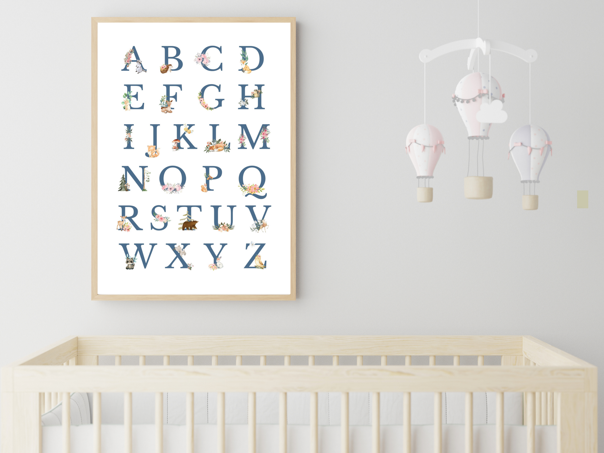 Alphabet Woodlands animals Poster Printable Wall Art BLUE FONT | ABC Alphabet Print Kids | Boho + country Nursery Decor Playroom picture