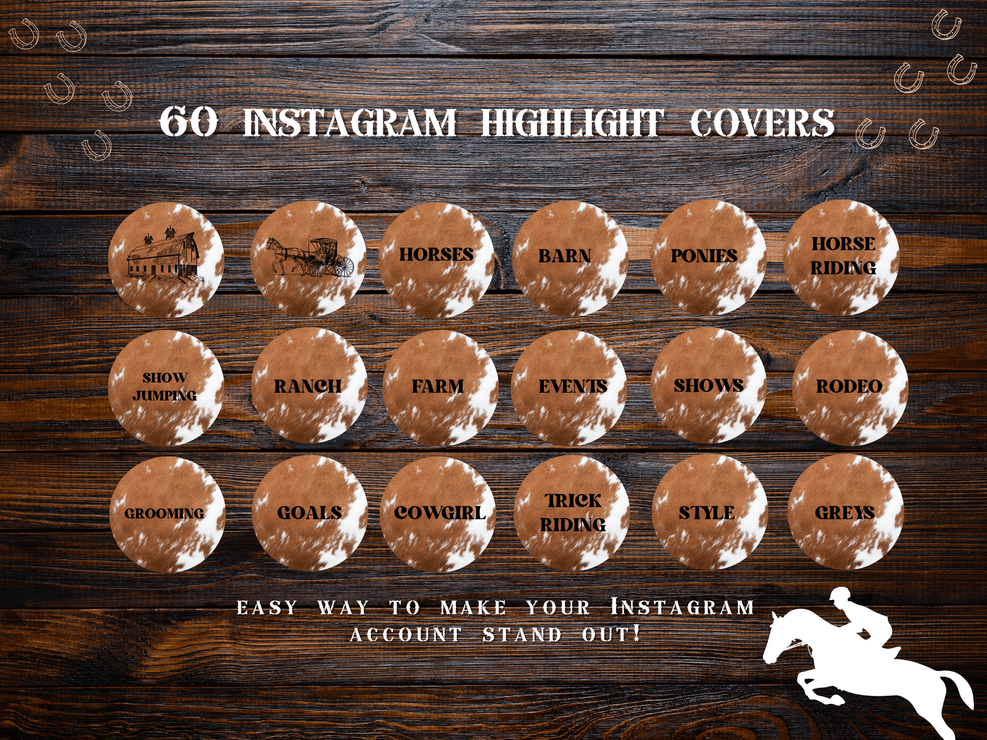 Cowhide Equestrian horse riding Instagram highlight covers + story backgrounds - show jumping, pony, dressage, rodeo cowgirl IG icons