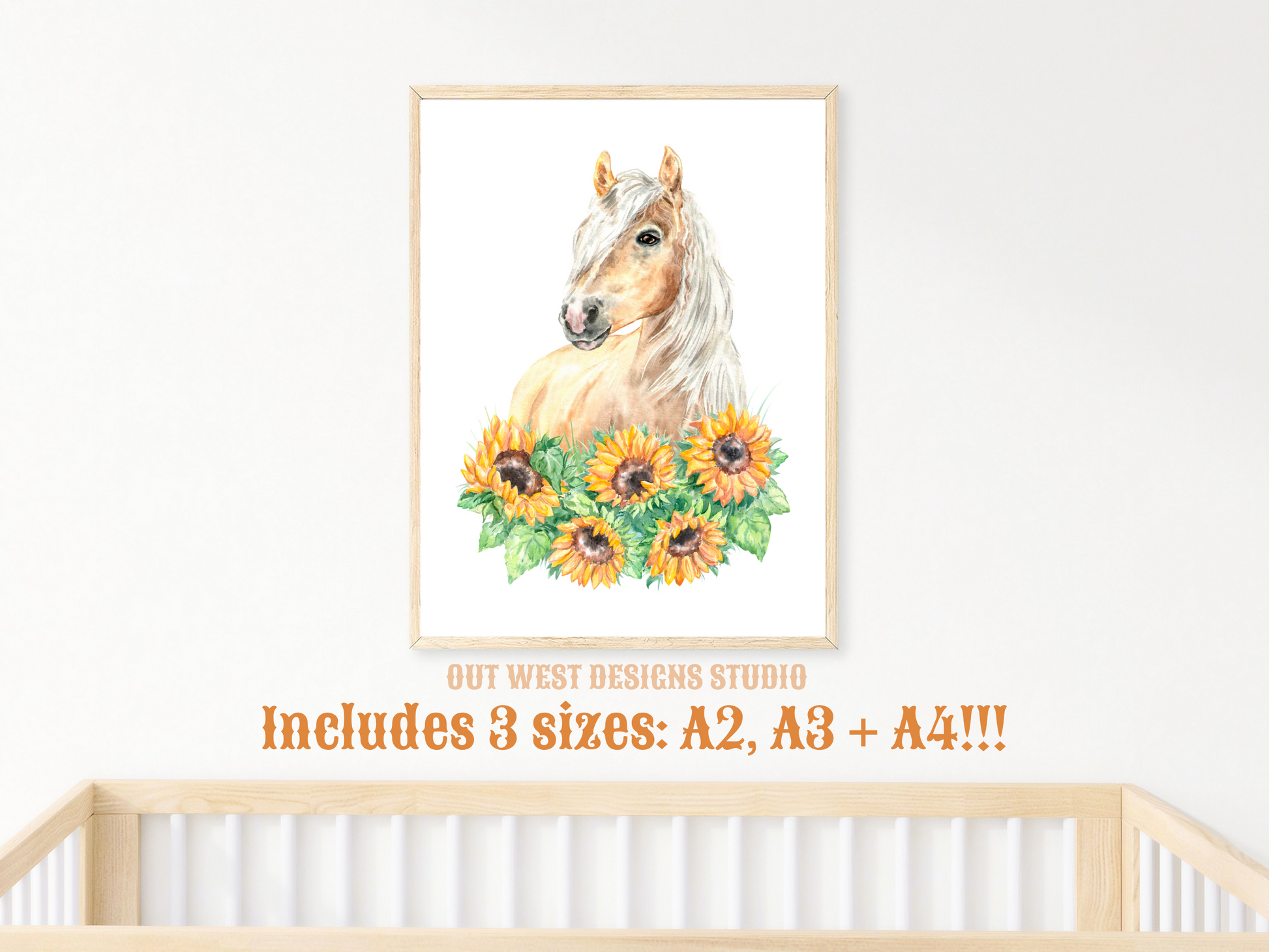 Sunflowers + Palomino horse print - babies, toddler girls + boys nursery home wall decor - pony cowgirl cowboy horses kids bedroom