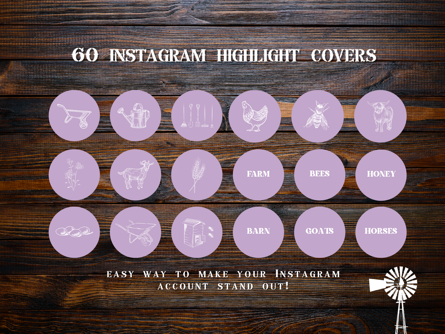 Farm + homesteading purple mauve Instagram highlight covers + story backgrounds. Garden illustrations + icons