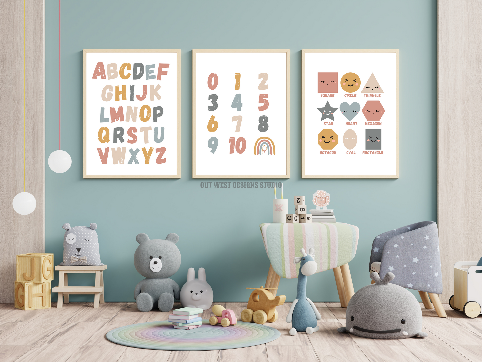 Pastel alphabet numbers + shapes print- babies, toddler boys nursery home wall decor - play room + kids bedroom educational poster art