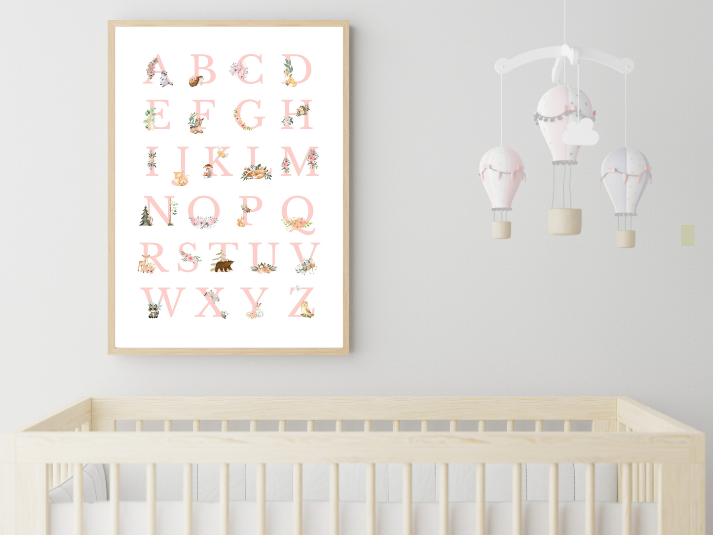 Alphabet Woodlands animals Poster Printable Wall Art PINK FONT | ABC Alphabet Print Kids | Boho + country Nursery Decor Playroom picture