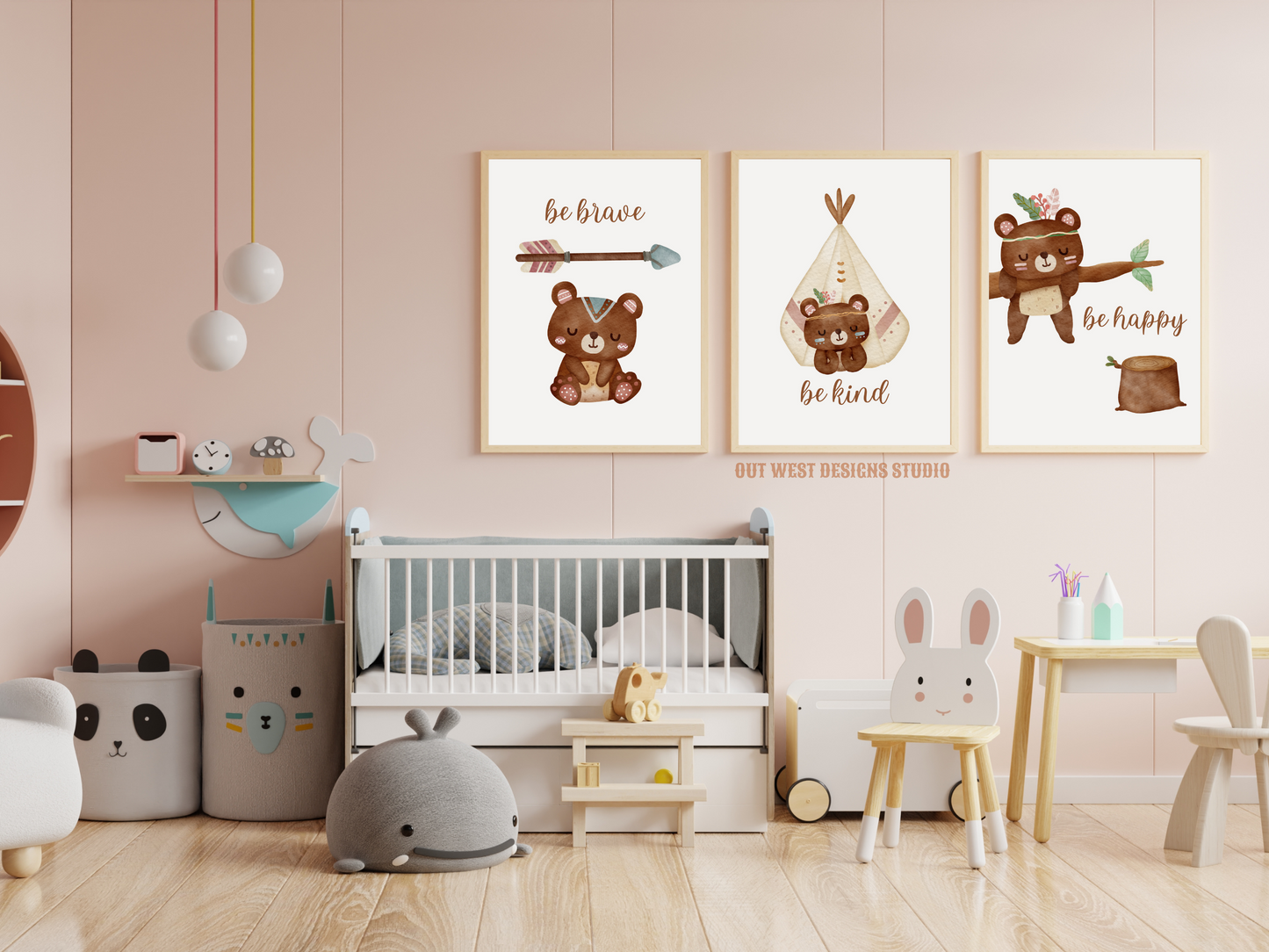 Tribal Bears print - babies, toddler girls + boys nursery home wall decor - be brave, kind, happy, boho pony kids woodland bedroom