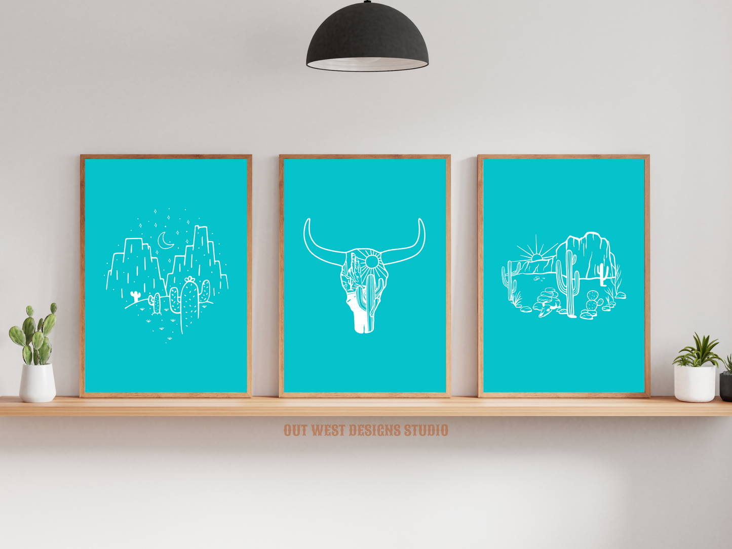 Printable Cowgirl Desert set of 3 prints in Aqua blue turquoise + white - Western home decor Poster wall art long horn cactus south western!