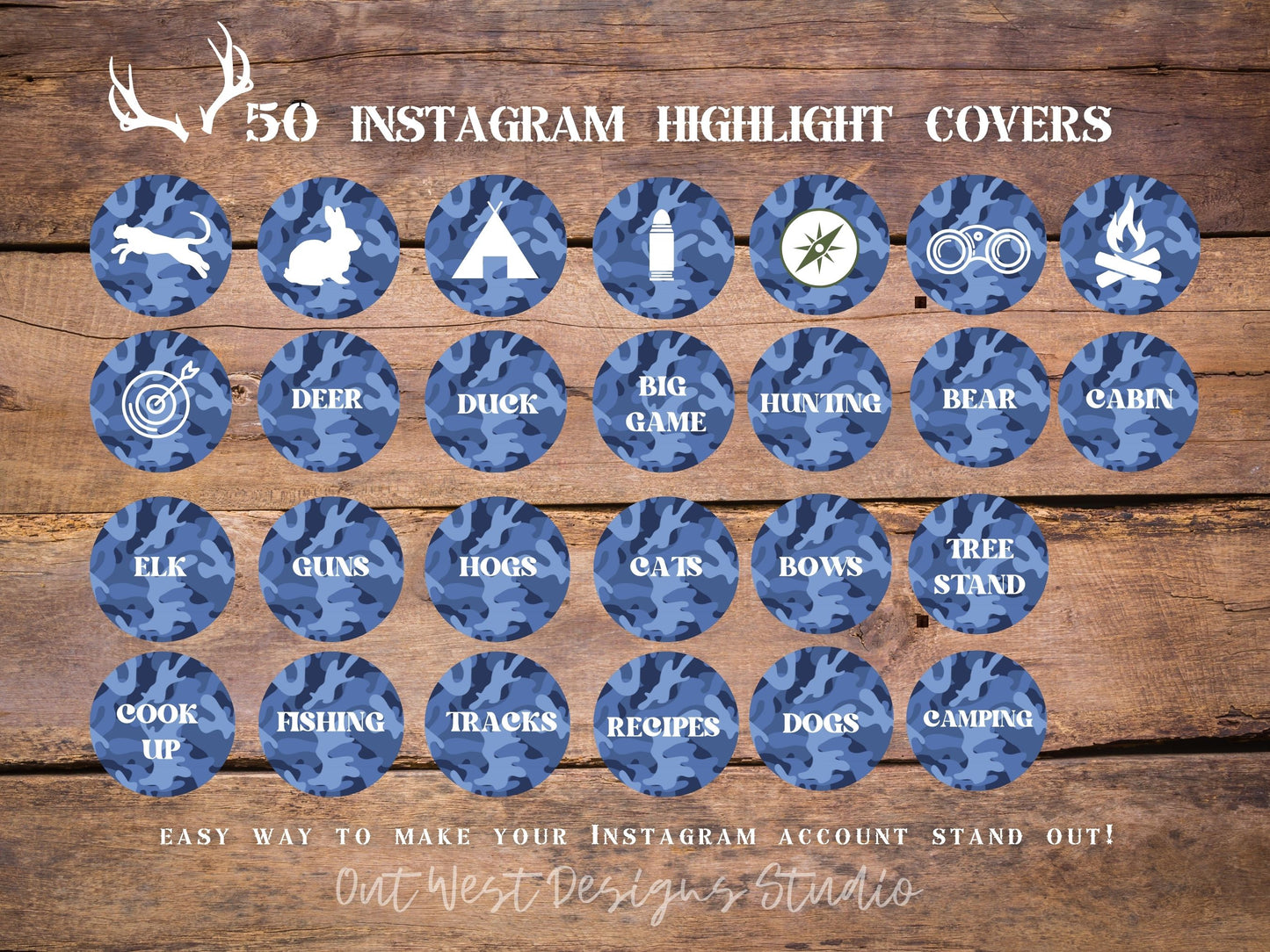 Hunting country Instagram highlight covers + story backgrounds - Blue camo - country + western IG icons | deer elk bear hunter social media