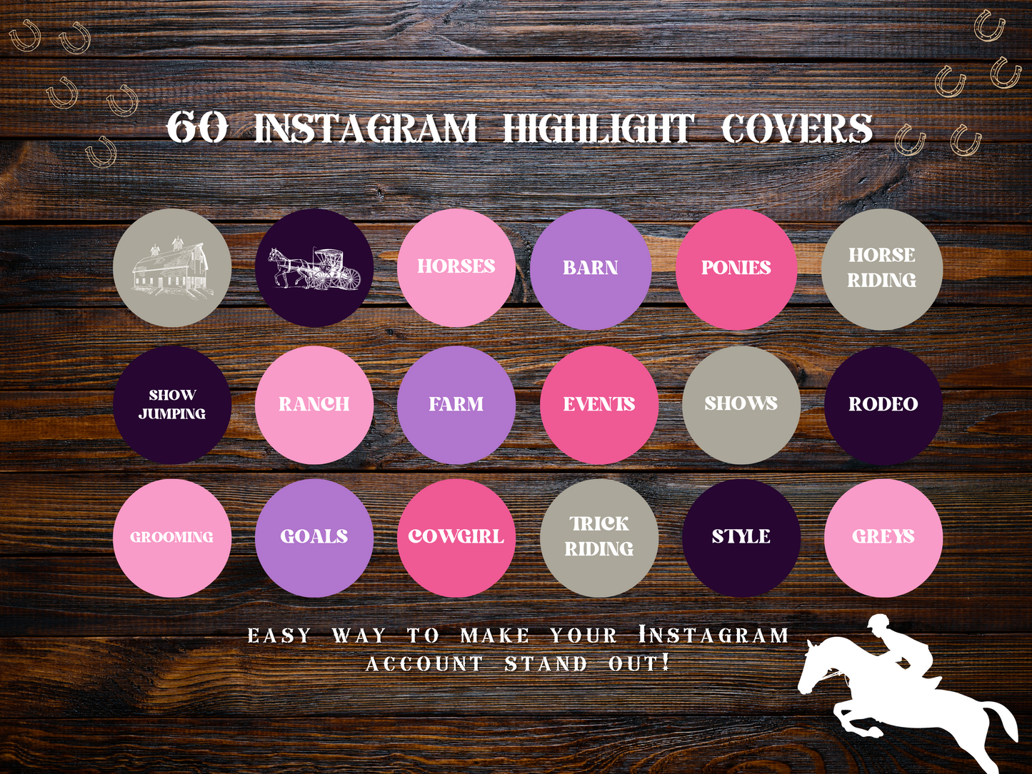 Equestrian horse riding Instagram highlight covers + story backgrounds - Pink Purple show jumping, pony, dressage, rodeo cowgirl IG icons