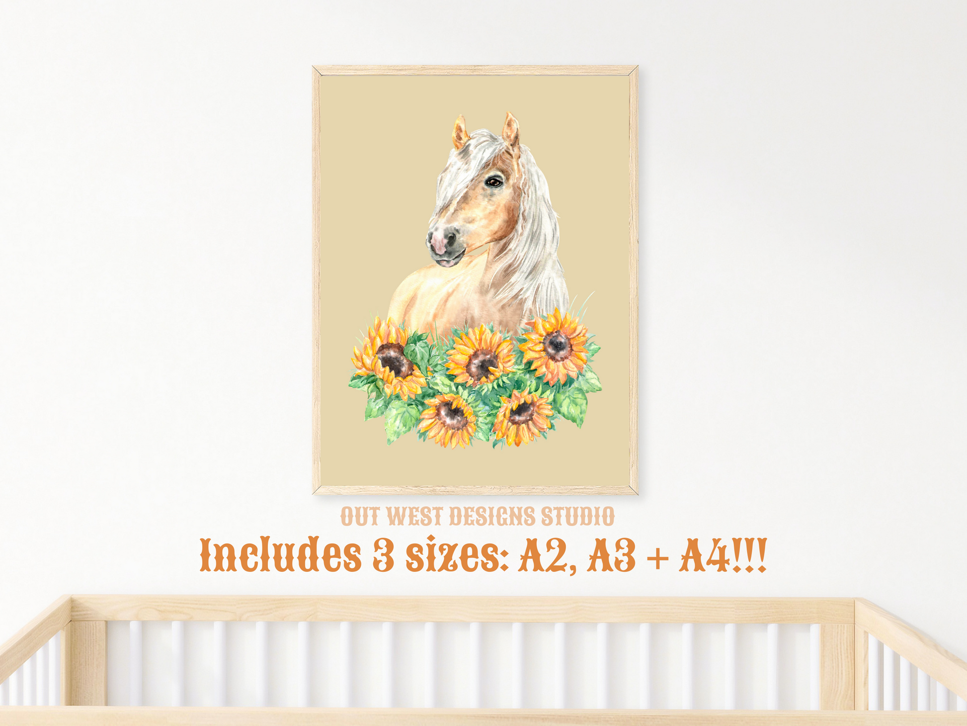 Sunflowers + Palomino horse print - babies, toddler girls + boys nursery home wall decor - pony cowgirl cowboy horses kids bedroom