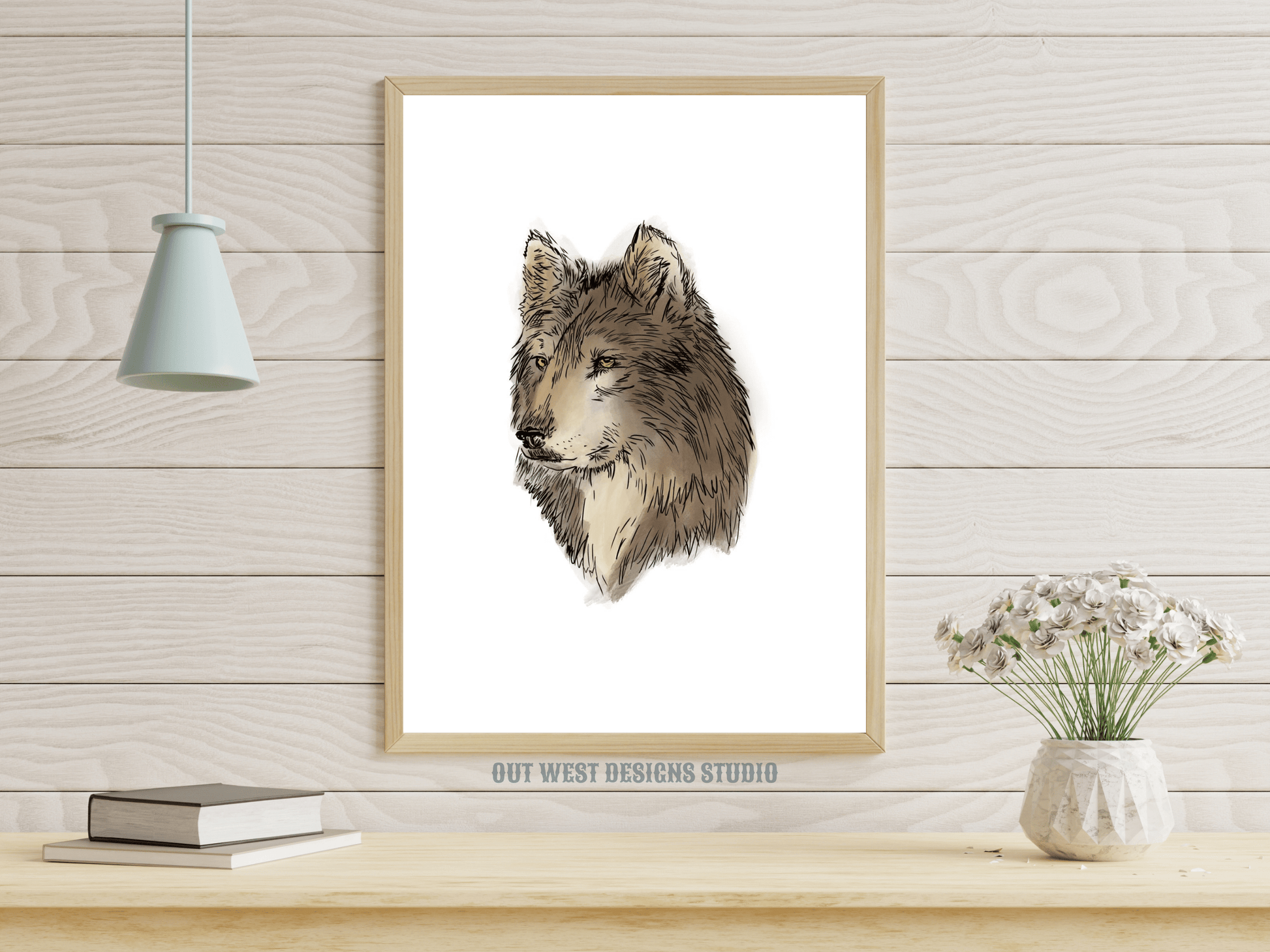 Wolf sketch print - grey wolf nature art poster hand drawn in grey, brown + white - by 'Out West Country.'