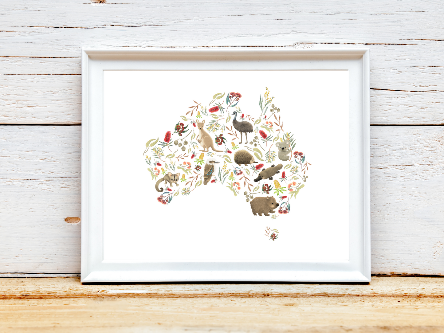 Australian animal map for Nursery print - baby toddler girls + boys home wall decor - kids bedroom- Koala, kangaroo, emu, possum, blossoms