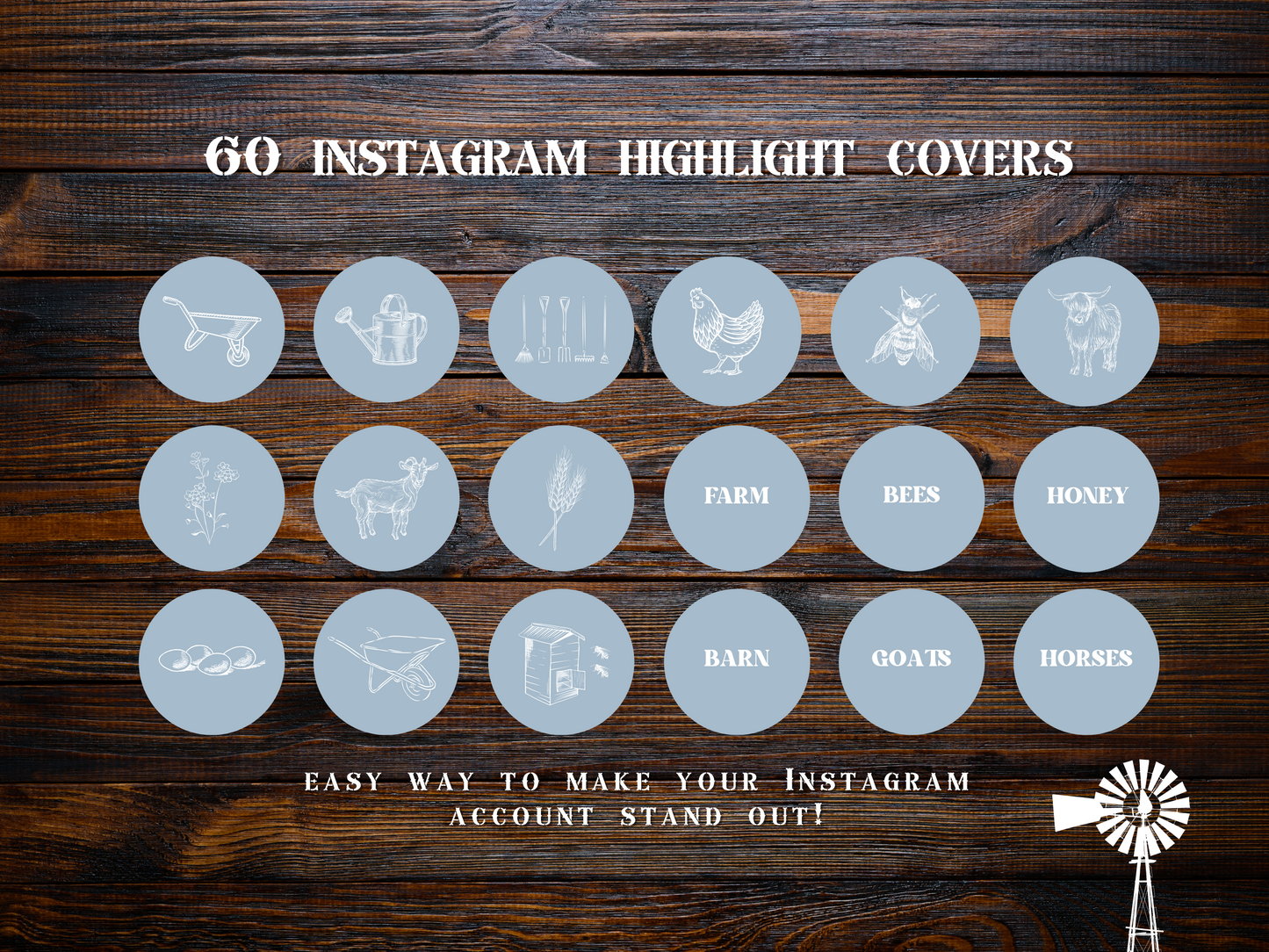 Farm + homesteading blue Instagram highlight covers + story backgrounds. Garden illustrations + icons