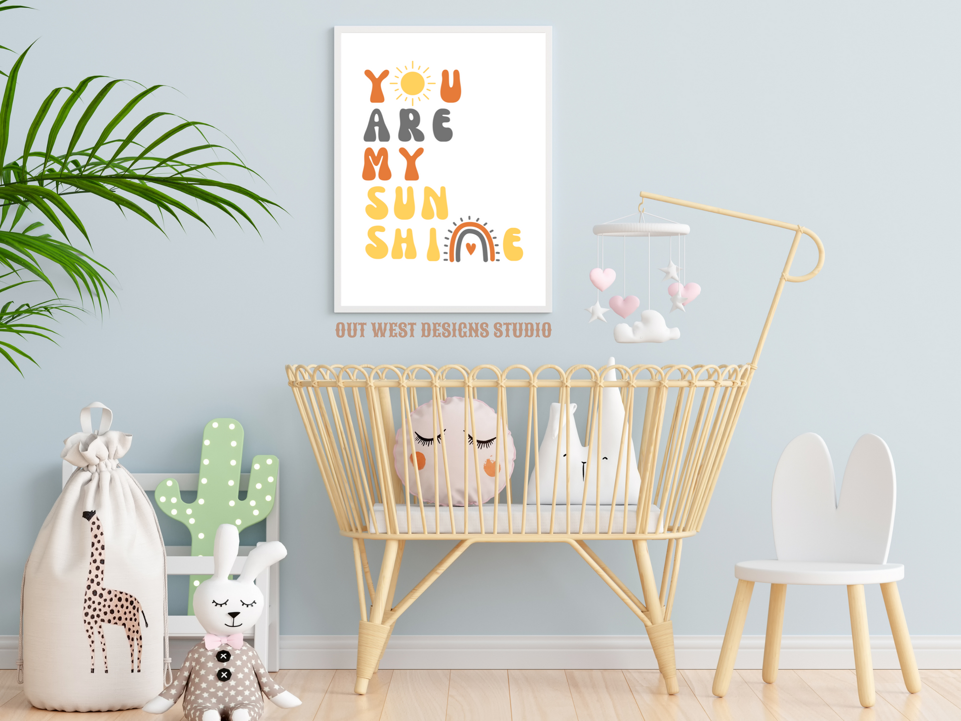 You are my sunshine nursery print in grey, orange + yellow | Kids bedroom poster art | boho babies nursery decor girls + boys room