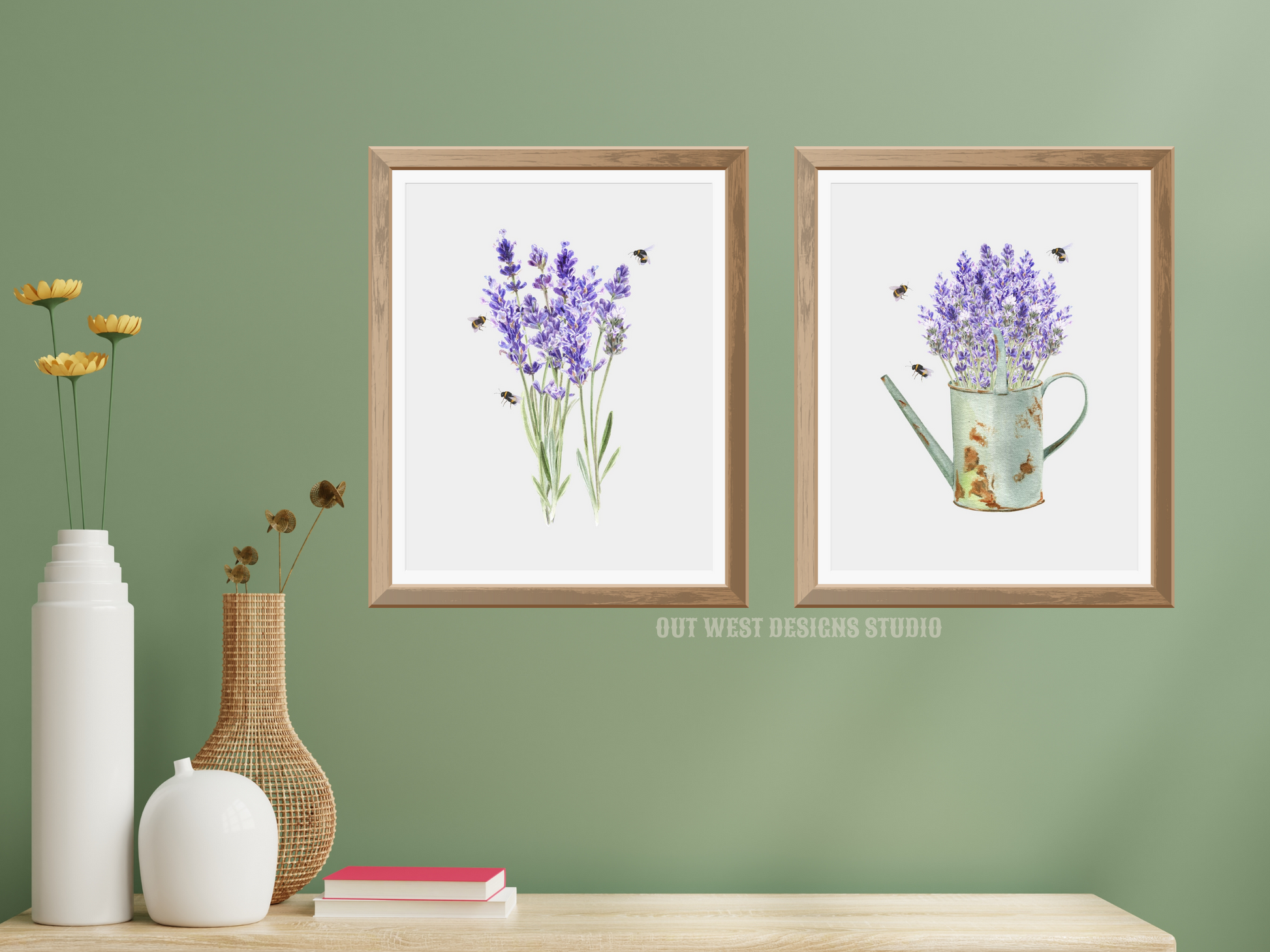 Lavender and bumble bees garden floral watercolor art print | farm house homesteading flower poster