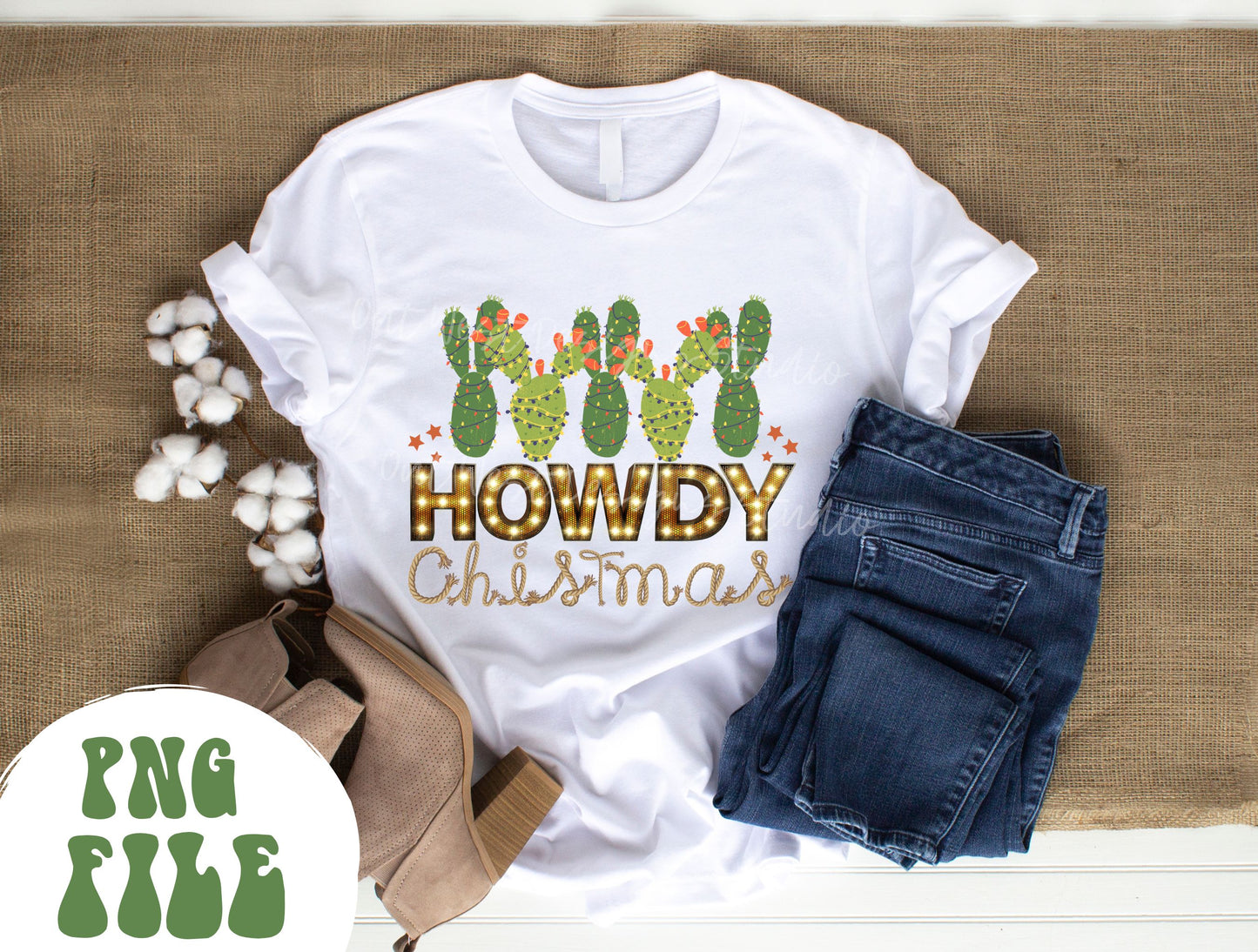 Howdy Cactus Christmas Country Sublimation, Western Png, Digital Illustration, Sublimation File, Xmas png, Cowgirl, Cowboy christmas