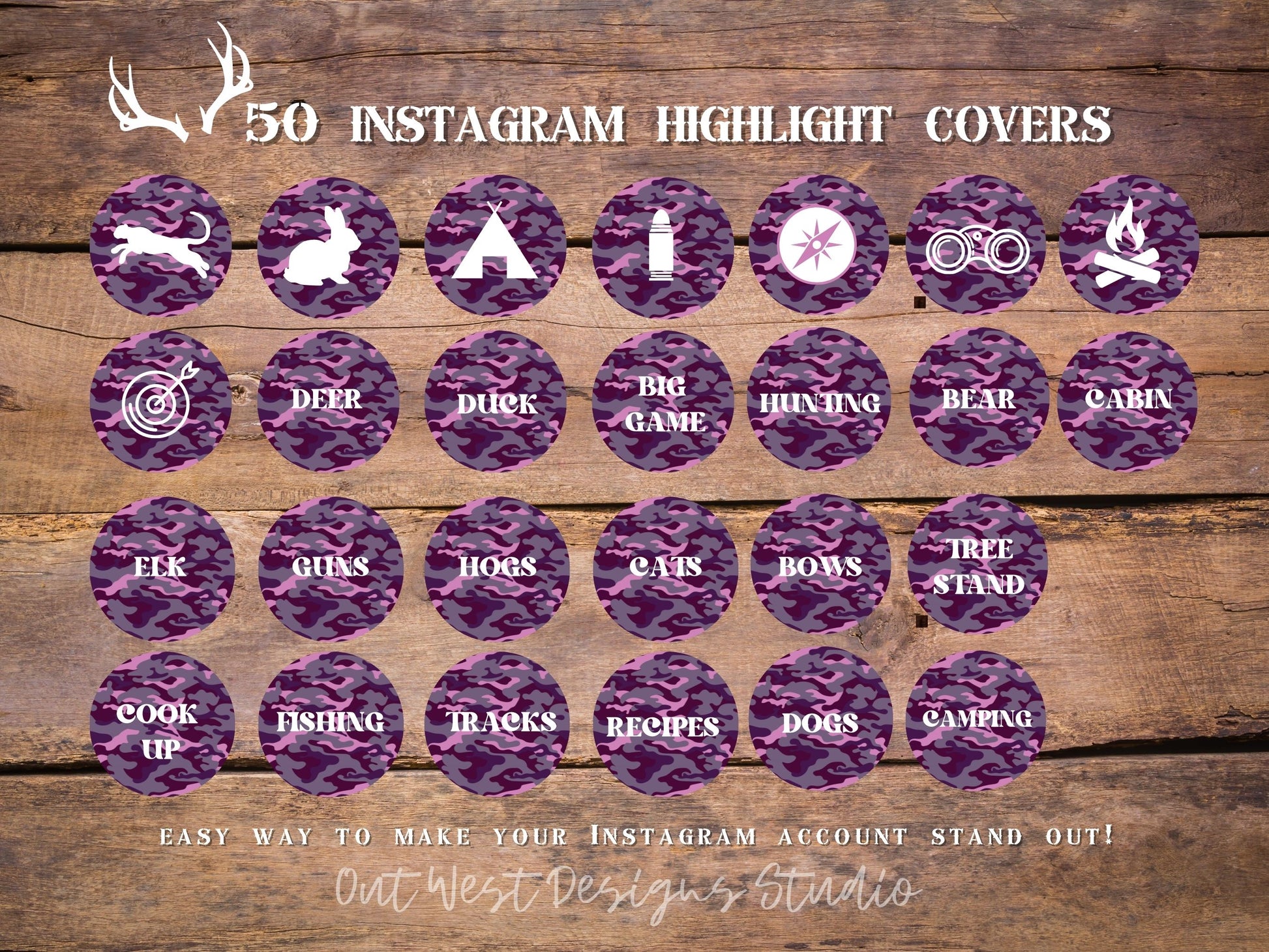 Hunting country Instagram highlight covers + story backgrounds - Pink + purple camo - country + western IG icons | deer hunter social media