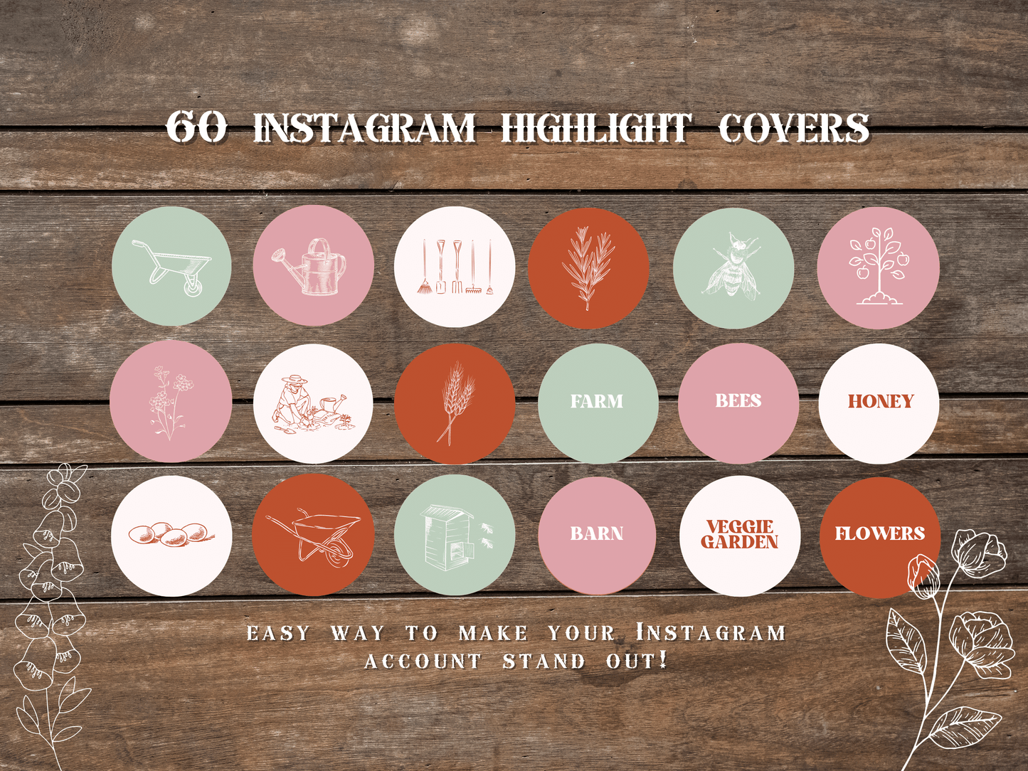 Gardening floral Instagram highlight covers + story backgrounds - Garden flower green pink red IG icons | social media