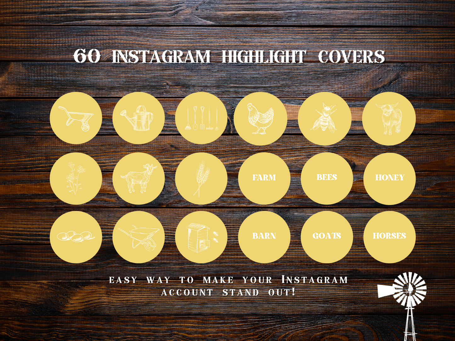 Farm + homesteading yellow Instagram highlight covers + story backgrounds. Garden + farm animals + flower illustrations + icons