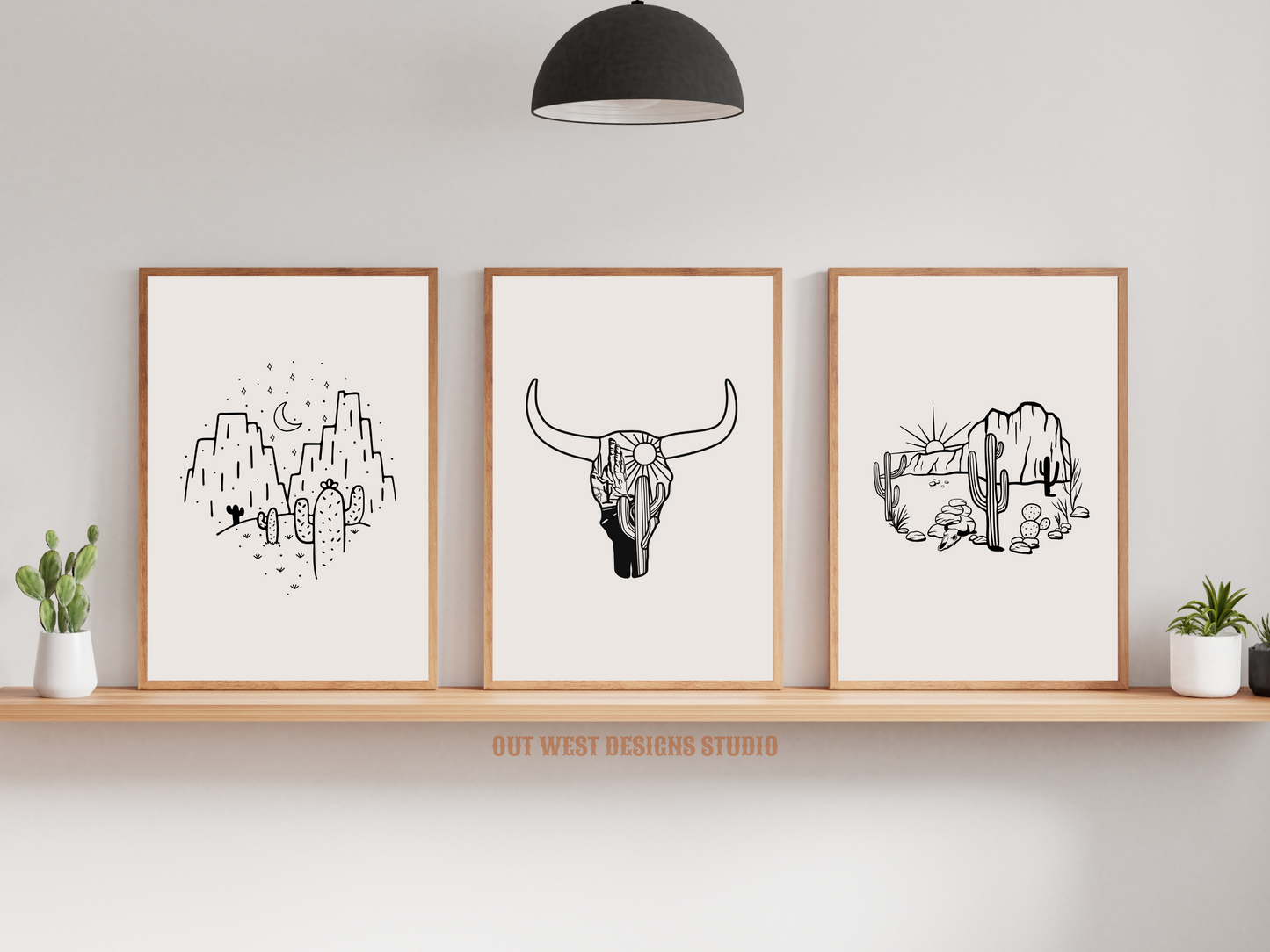 Printable Cowgirl Desert set of 3 prints in Off white/grey + black - Western home decor - Poster wall art long horn, cactus, south western!