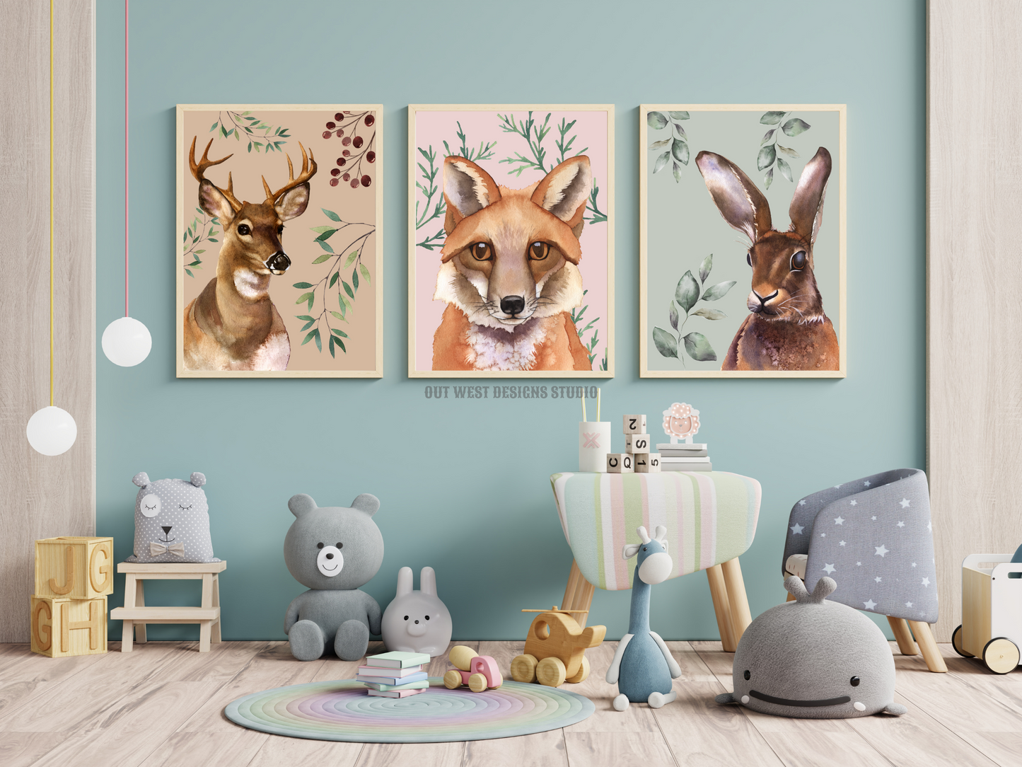 Woodlands animal print- babies, toddler girls nursery home wall decor - fox deer + rabbit hare water-color kids bedroom