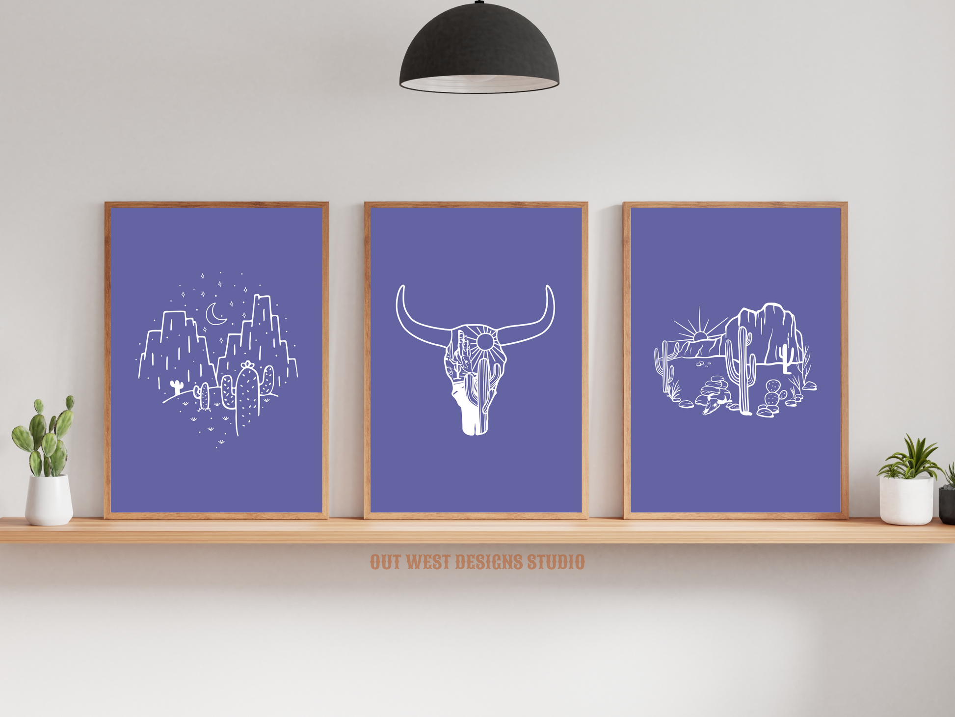 Printable Cowgirl Desert set of 3 prints in Purple + white - Western home decor - Poster wall art long horn, cactus, south western!