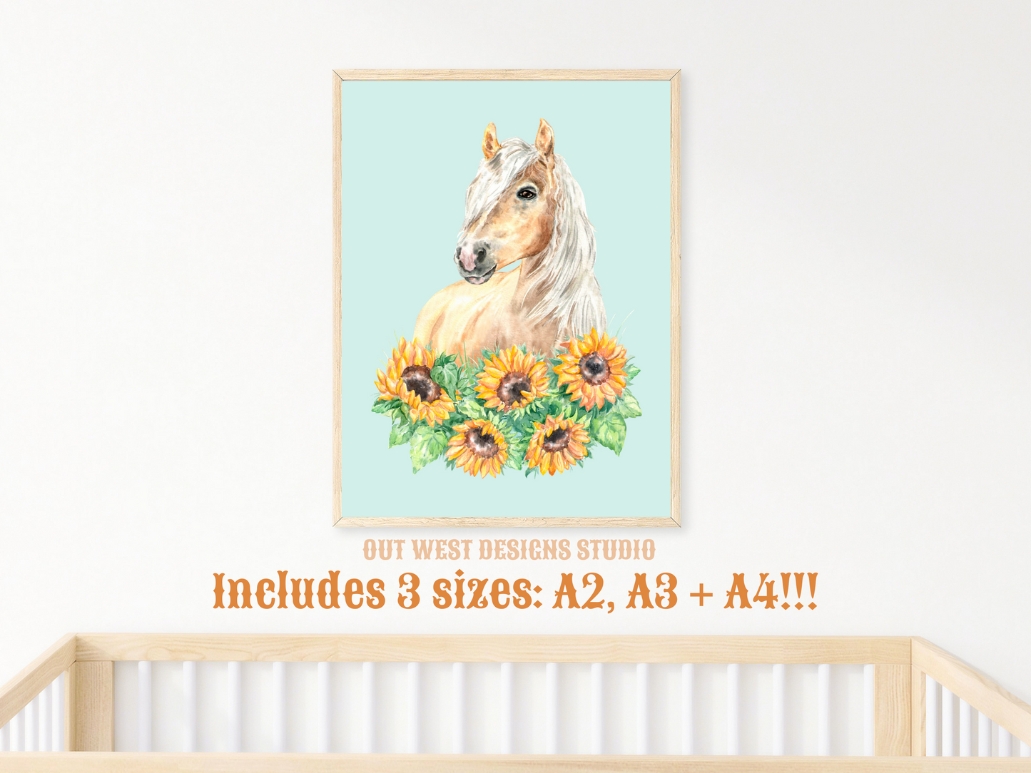 Sunflowers + Palomino horse print - babies, toddler girls + boys nursery home wall decor - pony cowgirl cowboy horses kids bedroom