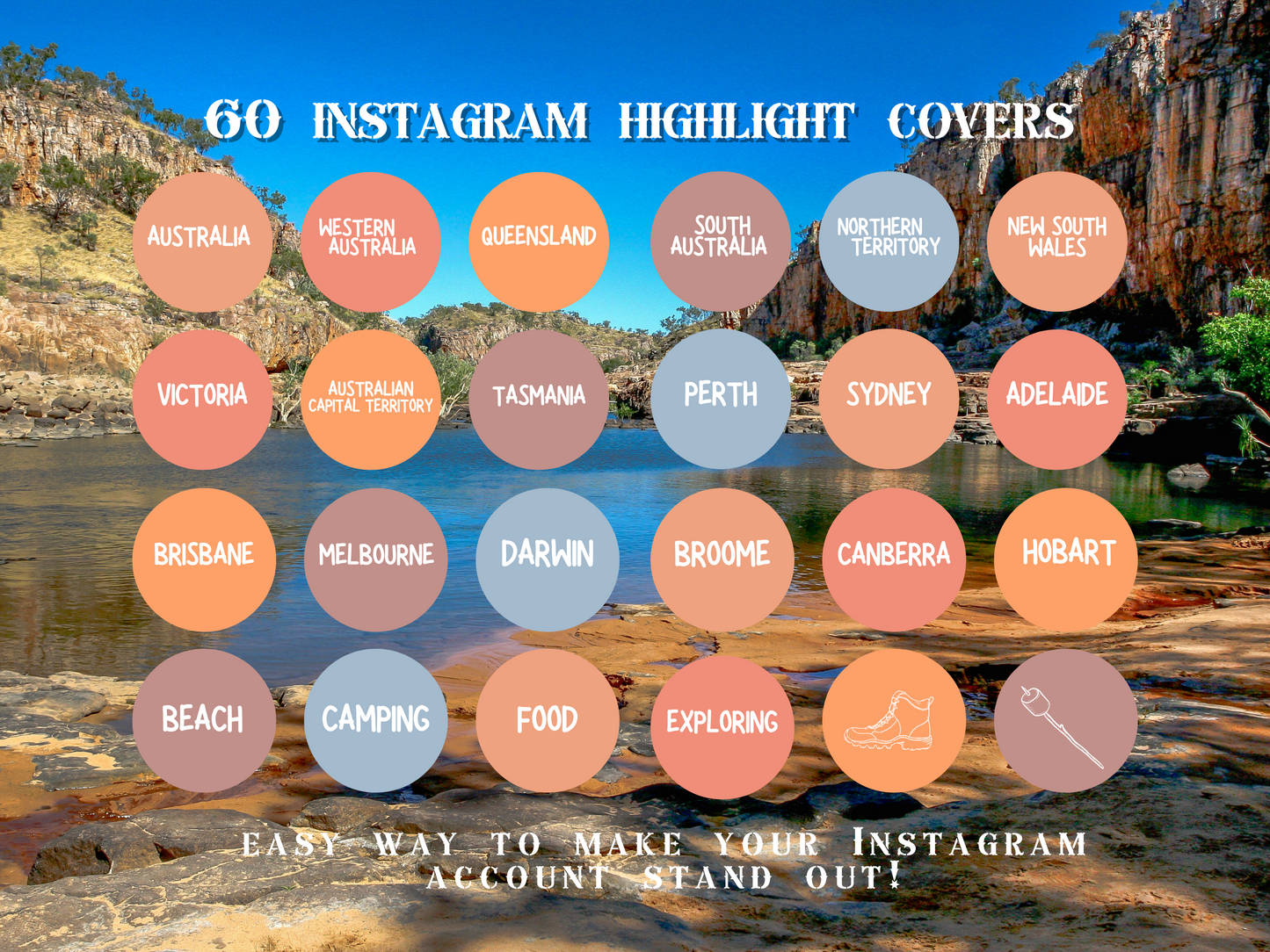 Australian travel boho Instagram highlight covers + story backgrounds - Outback orange pinks cream color Australia wanderlust IG icons