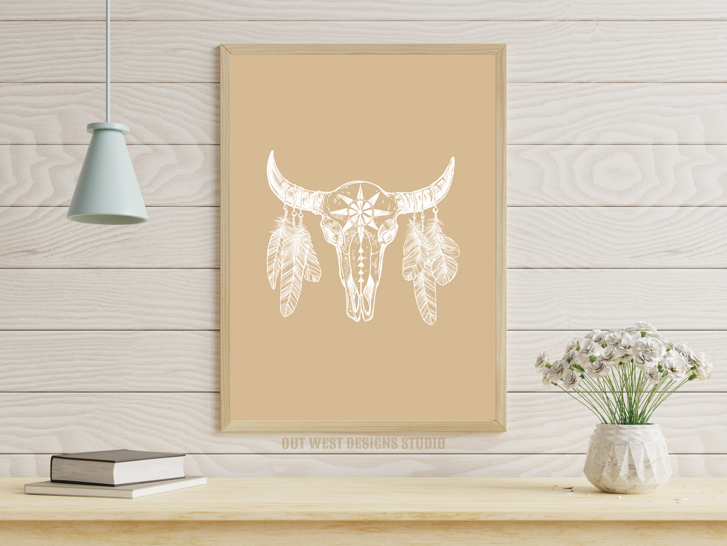 Buffalo and feathers Western cowgirl home decor - Retro Poster wall bedroom, hallway lounge room southern ranch art!