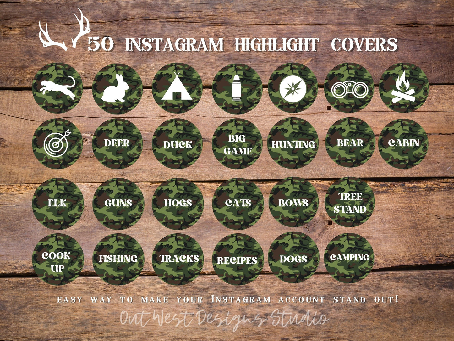 Hunting country Instagram highlight covers + story backgrounds - Green camo - country + western IG icons | deer elk bear hunter social media