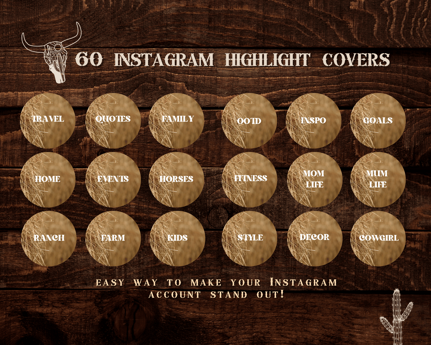 Wild West Cowgirl Instagram highlight covers + story backgrounds - Hay caramel brown cream + white western rodeo IG icons for social media