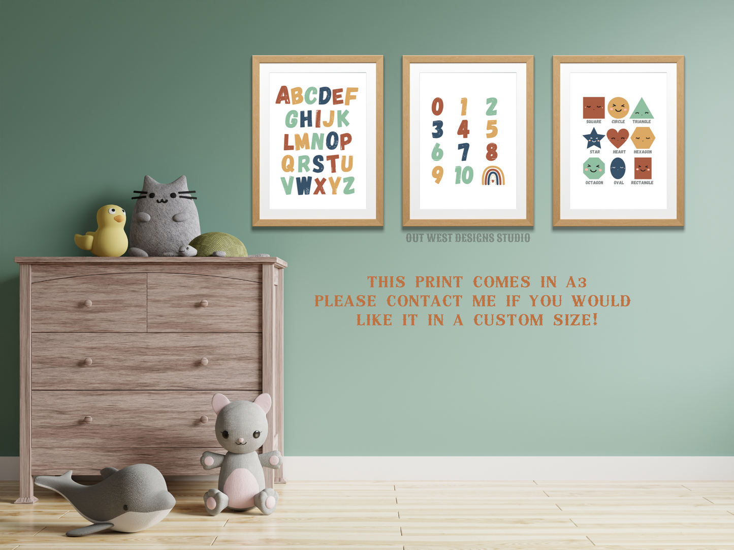 Pastel alphabet numbers + shapes print- babies, toddler boys nursery home wall decor - play room + kids bedroom educational poster art