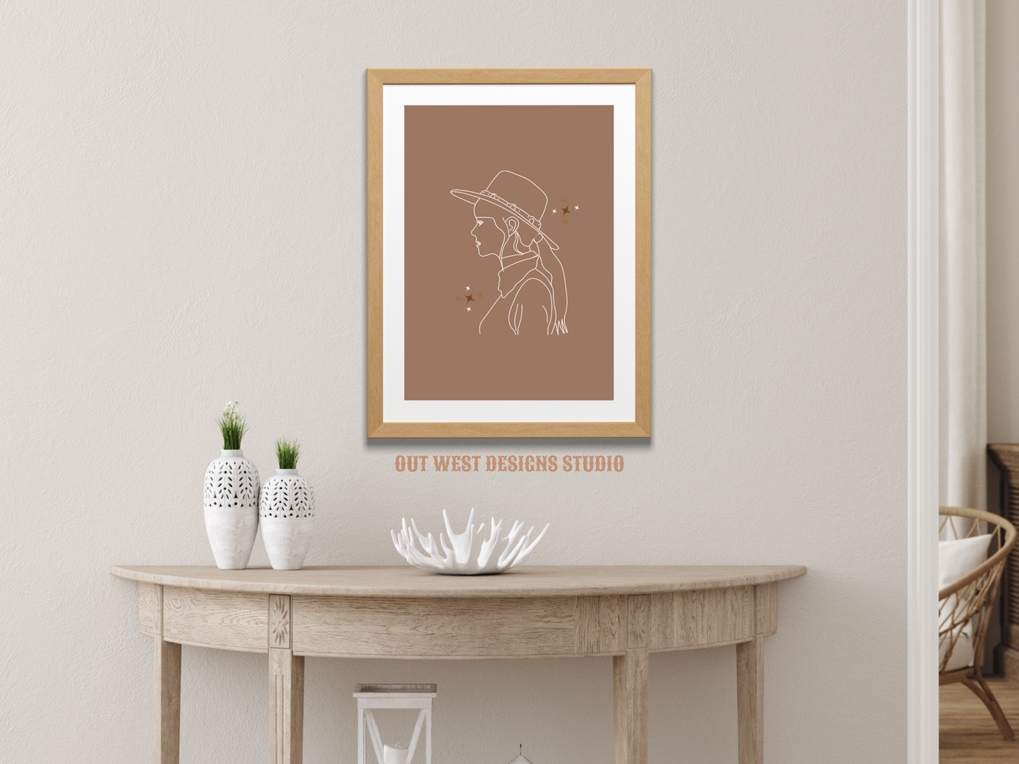 Printable Cosmic Cowgirl print in Off white/grey + black - Western home decor - Poster wall art long cowboy south west boho