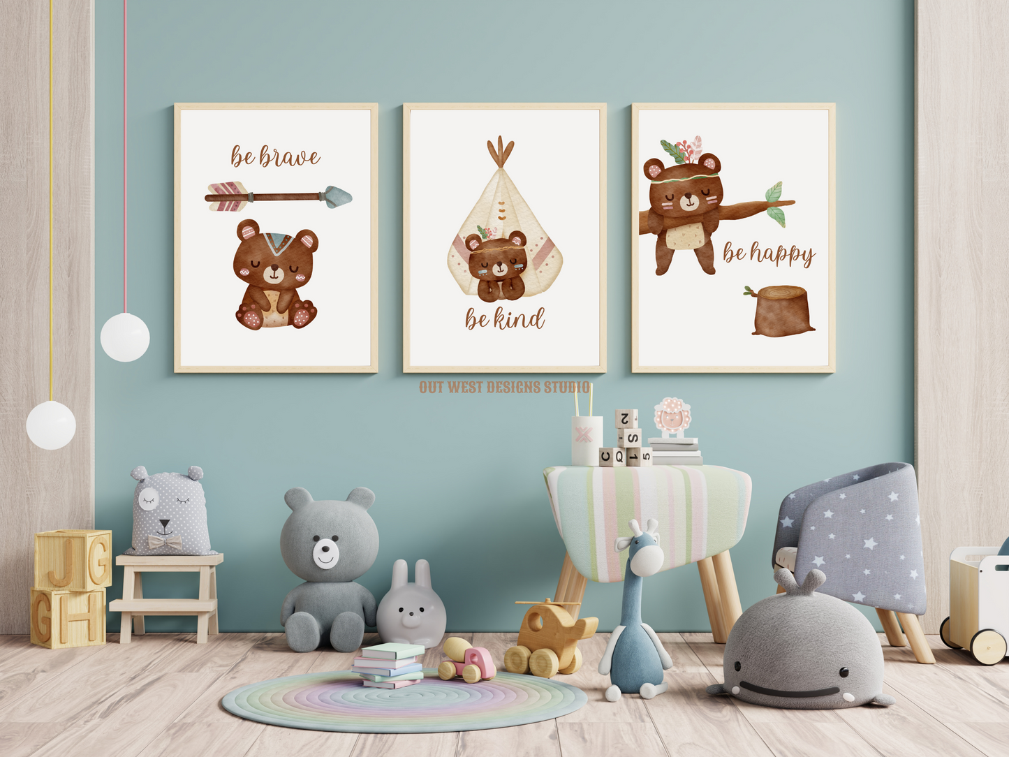 Tribal Bears print - babies, toddler girls + boys nursery home wall decor - be brave, kind, happy, boho pony kids woodland bedroom