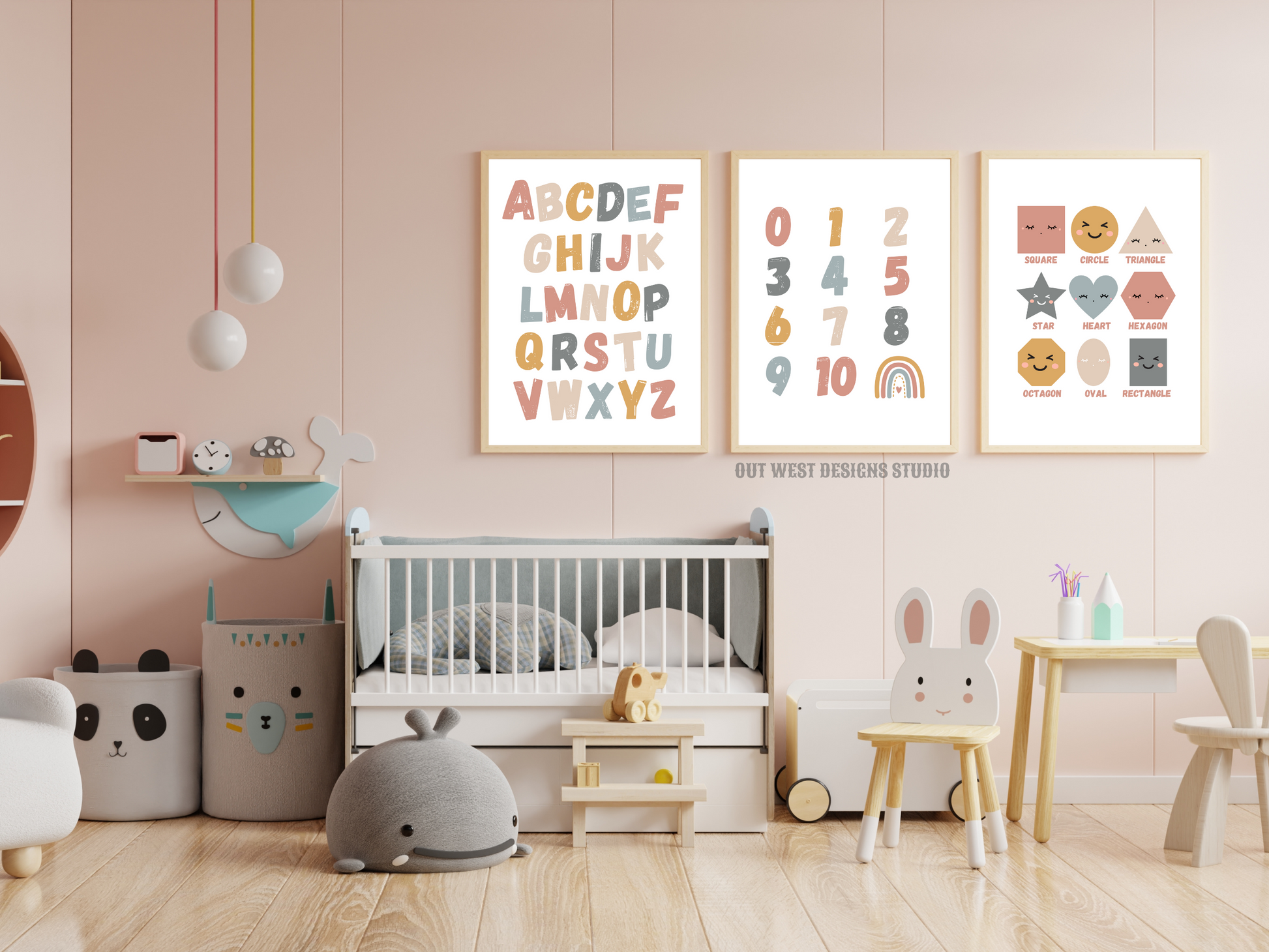 Pastel alphabet numbers + shapes print- babies, toddler boys nursery home wall decor - play room + kids bedroom educational poster art