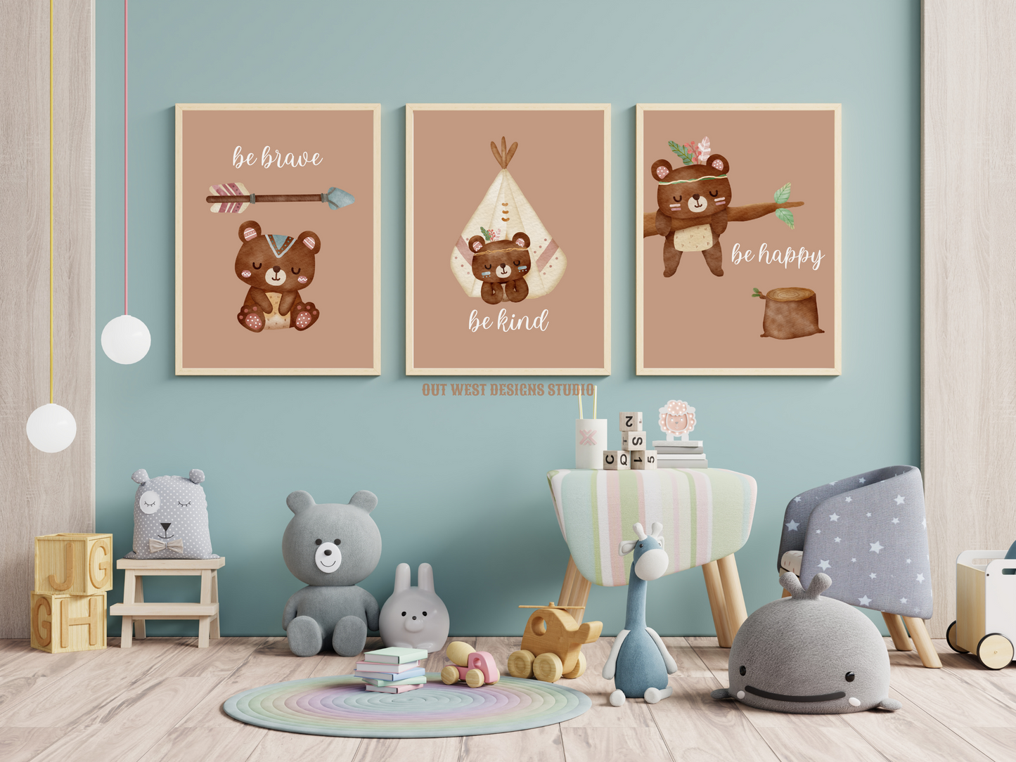 Tribal Bears print - babies, toddler girls + boys nursery home wall decor - be brave, kind, happy, boho pony kids woodland bedroom