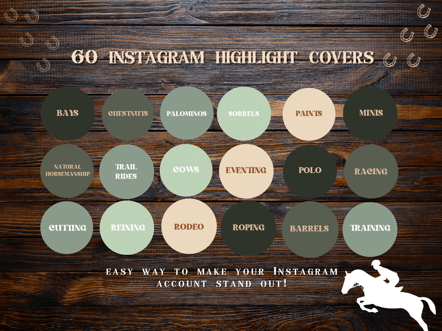 Equestrian horse riding Instagram highlight covers + story backgrounds - Green earthy show jumping, pony, dressage, rodeo cowgirl IG icons