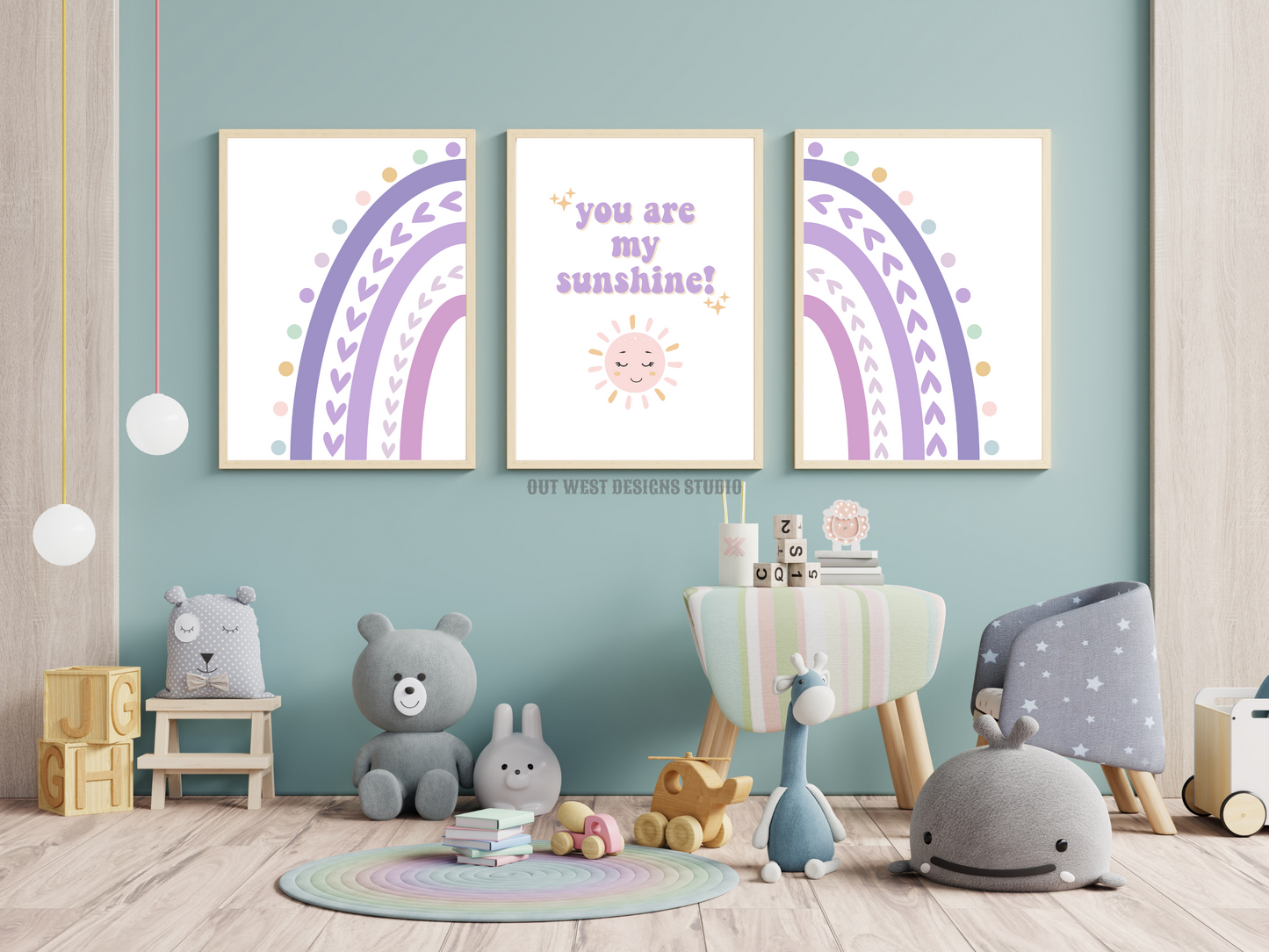 Sunshine rainbow nursery print- You are my sunshine pastel purple baby, toddler girls + boys wall decor water-color kids bedroom