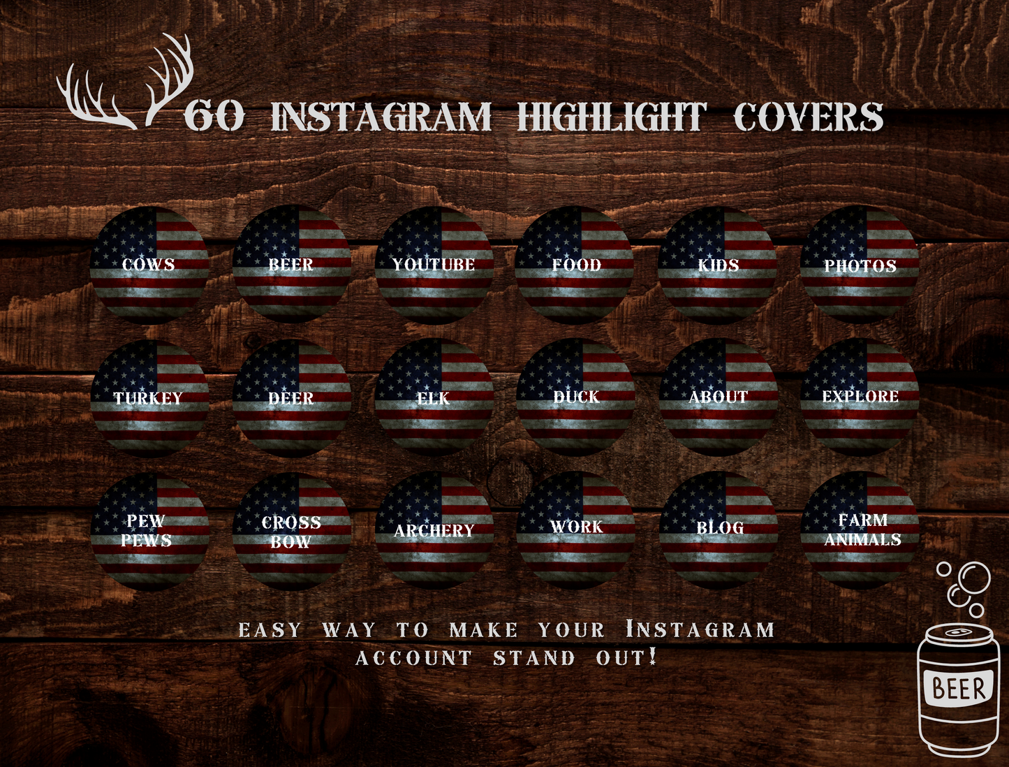 Redneck USA Country Instagram highlight covers + story backgrounds - FLAG hunting camo Western IG icons deer elk bear hunter social