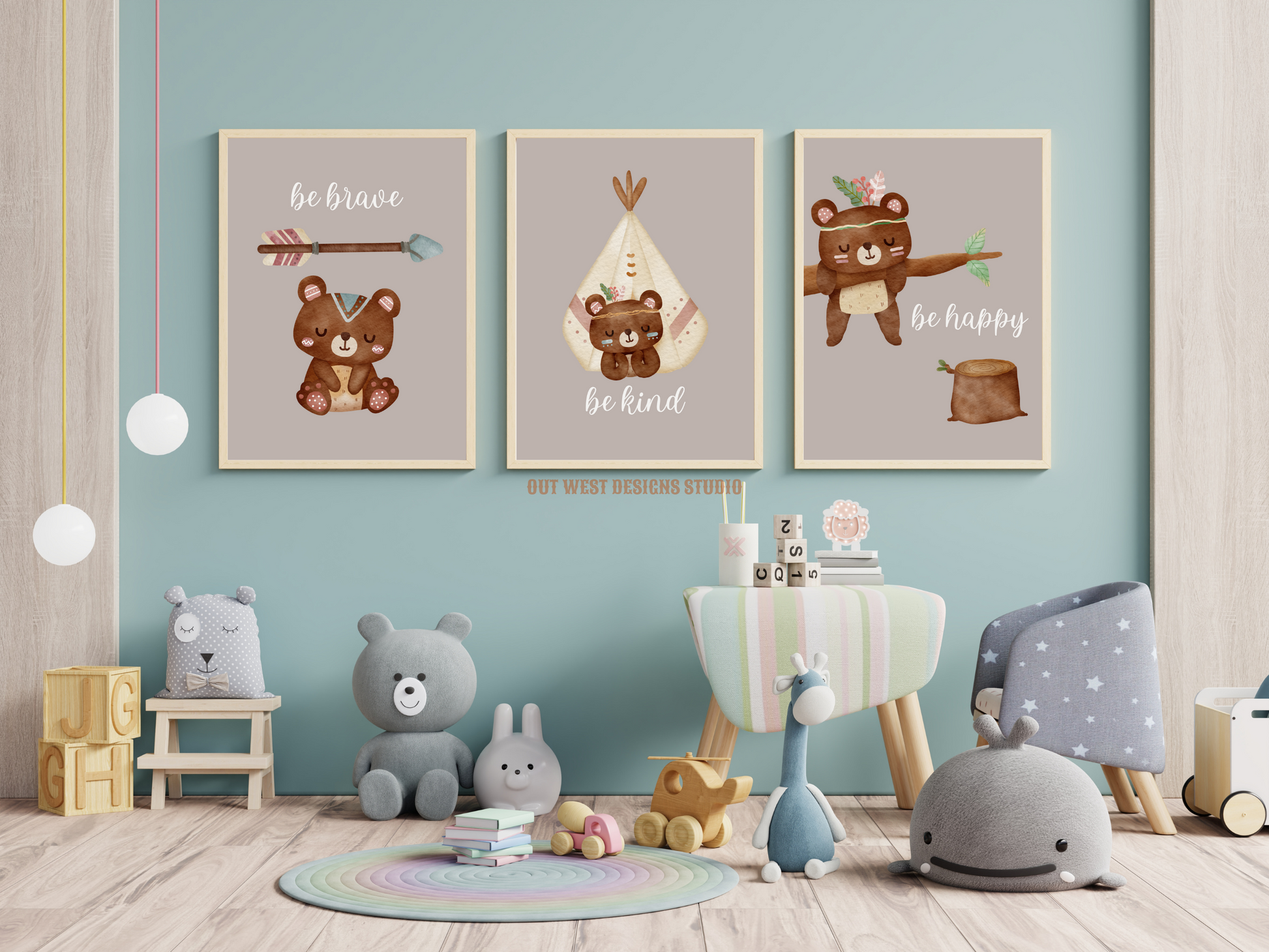 Tribal Bears print - babies, toddler girls + boys nursery home wall decor - be brave, kind, happy, boho pony kids woodland bedroom