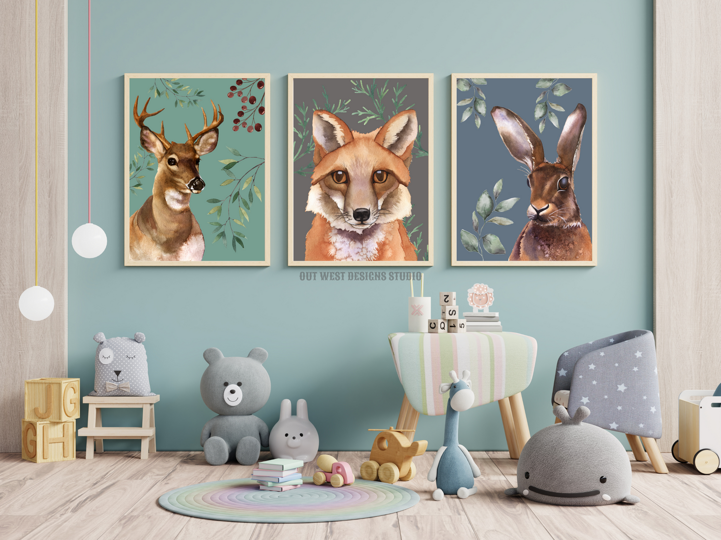 Woodlands animal print- babies, toddler boys nursery home wall decor - fox deer + rabbit hare water-color kids bedroom