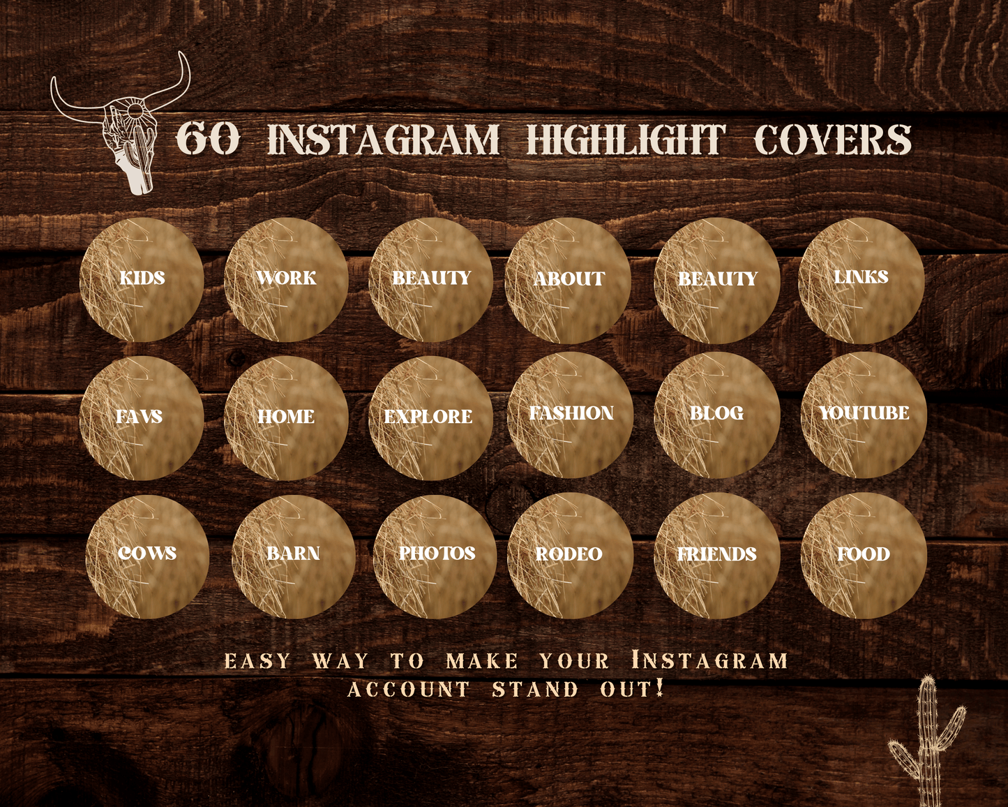 Wild West Cowgirl Instagram highlight covers + story backgrounds - Hay caramel brown cream + white western rodeo IG icons for social media