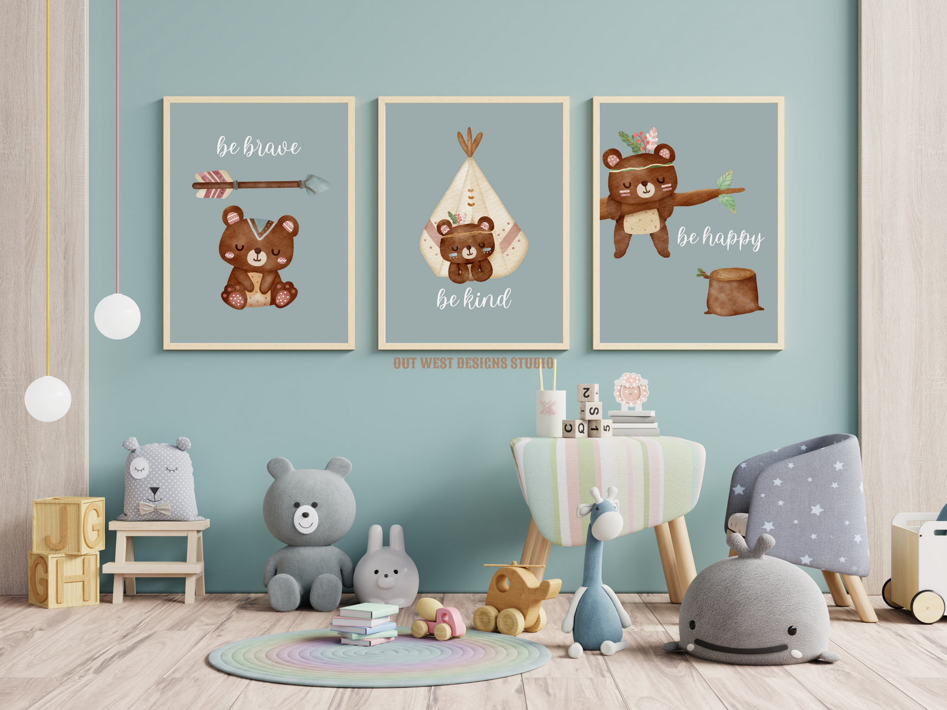 Tribal Bears print - babies, toddler girls + boys nursery home wall decor - be brave, kind, happy, boho pony kids woodland bedroom