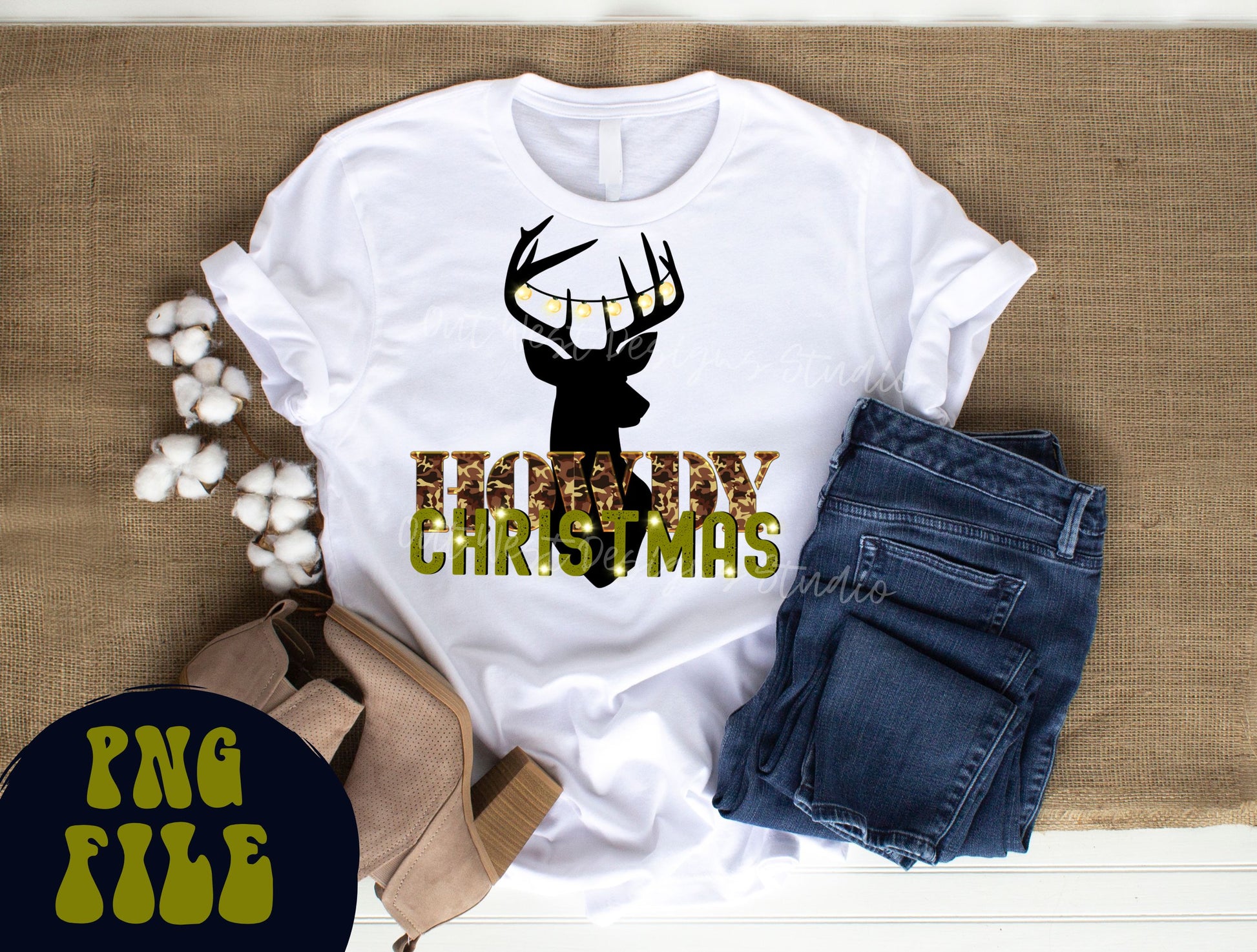 Howdy Camo Christmas png download-Western hunting Christmas png, Country Christmas png, Holiday sublimation, Howdy png, deer lights